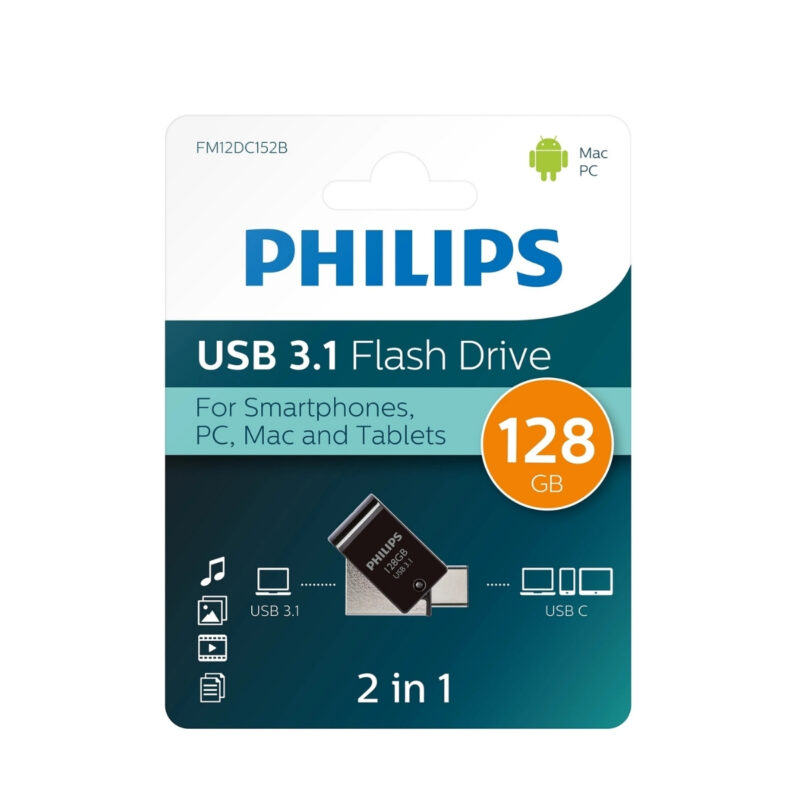 Philips 128 GB USB 3.1 & Type-C 2’si 1 Arada Çift Girişli Metal USB Bellek