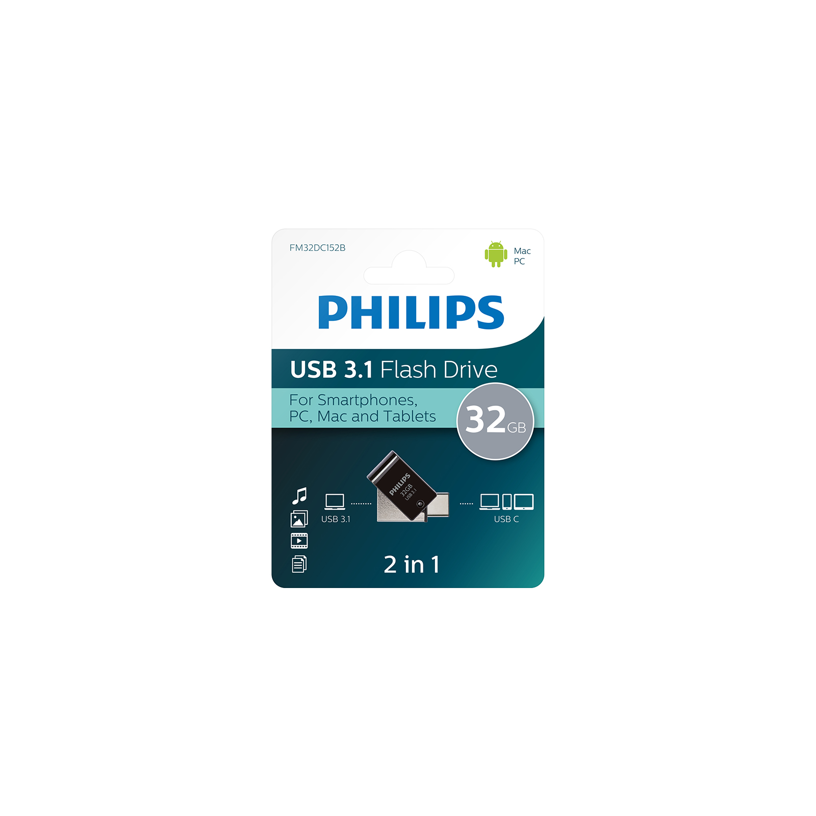 Philips 32 GB USB 3.1 & Type-C 2’si 1 Arada Çift Girişli Metal USB Bellek