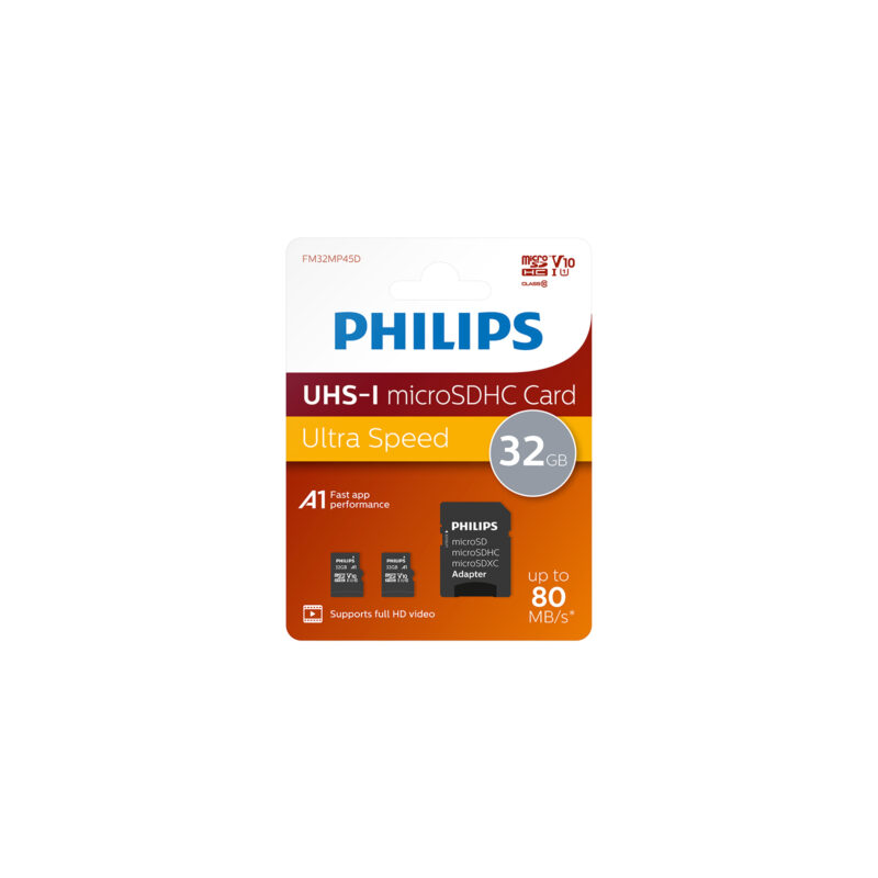Philips SD + Micro SDXC 2x32GB Hafıza Kartı 80MB/s Okuma Hızı, Class 10 U3, UHS-I