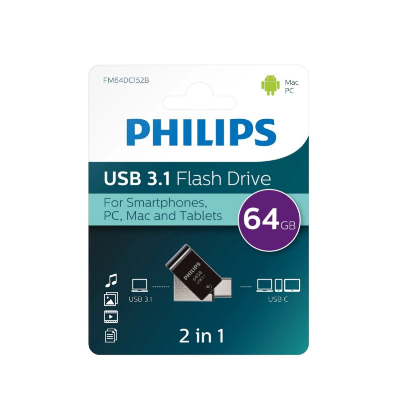 Philips 64 GB USB 3.1 & Type-C 2’si 1 Arada Çift Girişli Metal USB Bellek