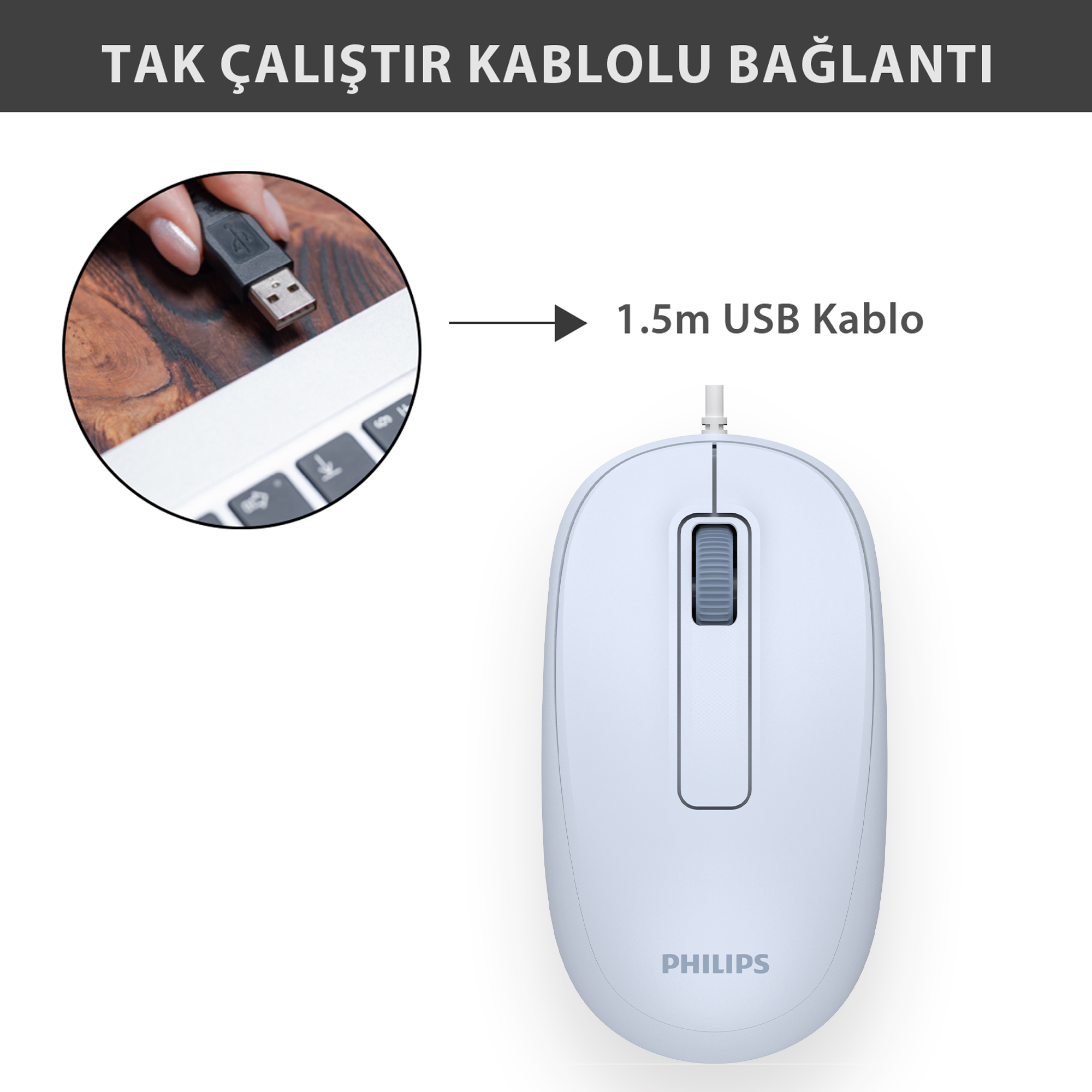 Philips SPK7238 USB Kablolu 1200DPI 3 Tuşlu Optik Mouse Açık Mavi - Görsel 11