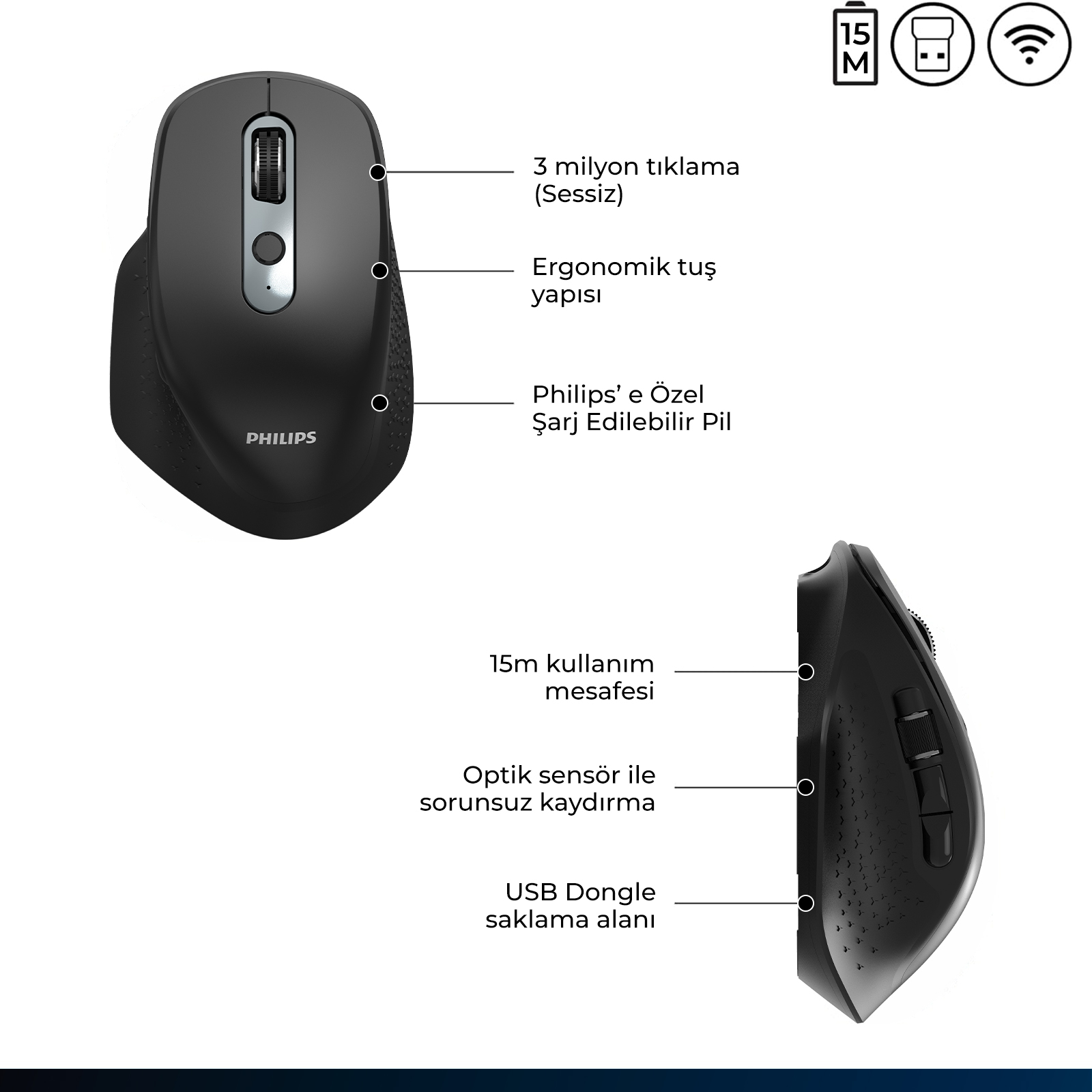 Philips SPK7818 Kablosuz 3200DPI 8 Tuşlu Optik Mouse Siyah - Görsel 12