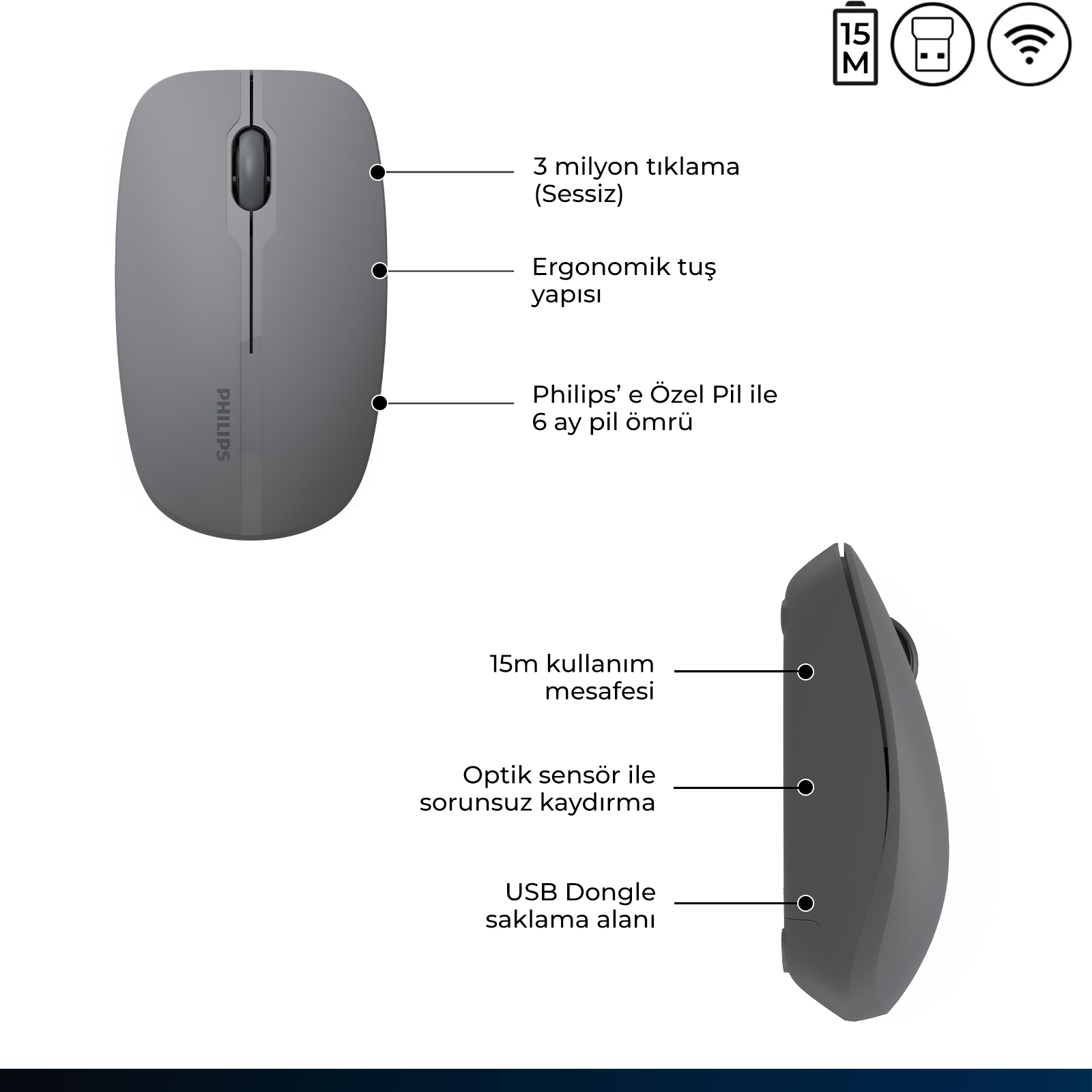 Philips SPK7418 Kablosuz Bluetooth 1600DPI 4 Tuşlu Optik Sessiz Mouse Gri - Görsel 12