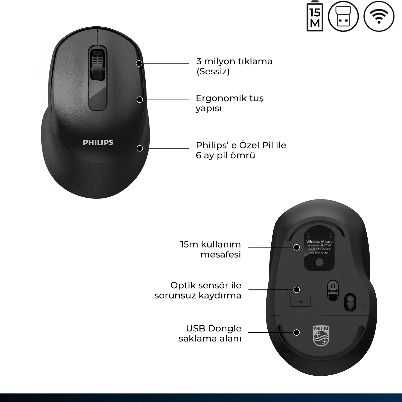Philips SPK7448 Kablosuz Bluetooth 1600DPI 4 Tuşlu Optik Mouse Siyah - Görsel 11