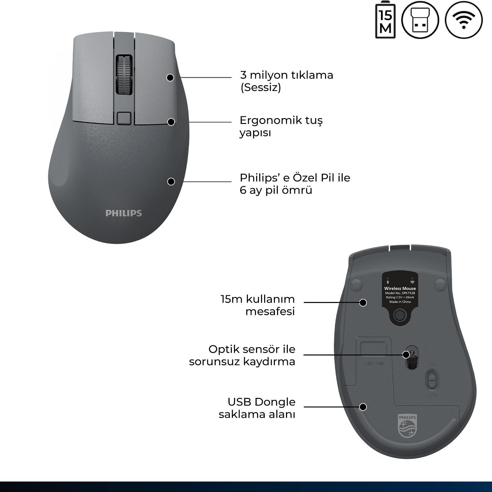Philips SPK7528 Kablosuz Bluetooth 1600DPI 5 Tuşlu Sessiz Optik Mouse Gri - Görsel 11
