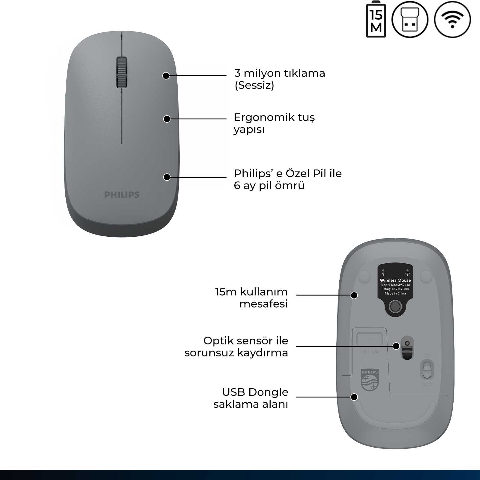 Philips SPK7438 Kablosuz Bluetooth 1600DPI 4 Tuşlu Optik Sessiz Mouse Gri - Görsel 12