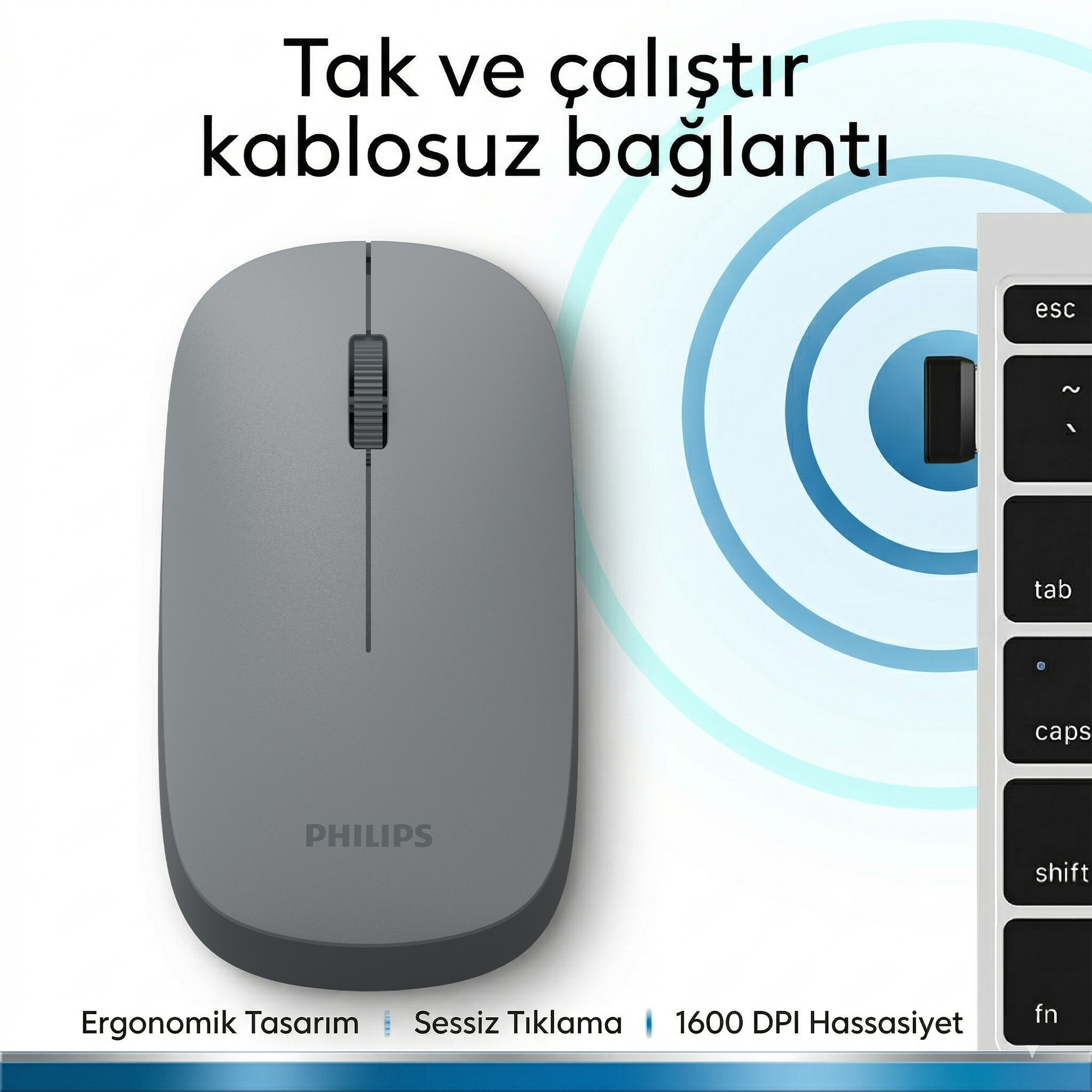 Philips SPK7438 Kablosuz Bluetooth 1600DPI 4 Tuşlu Optik Sessiz Mouse Gri - Görsel 13