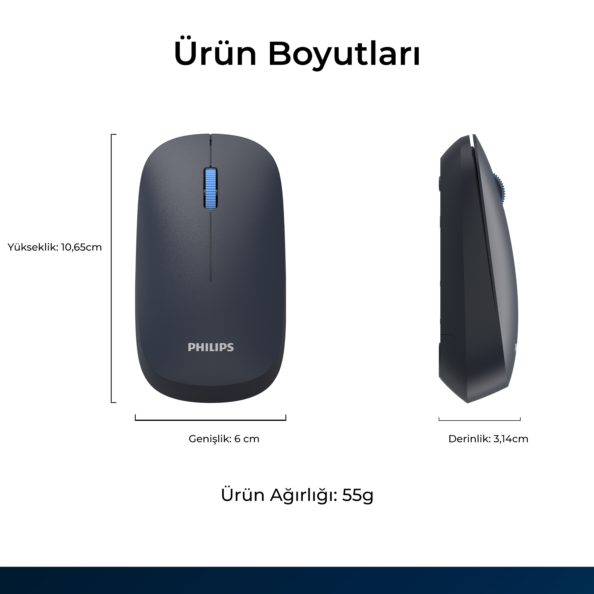 Philips SPK7438 Kablosuz Bluetooth 1600DPI 4 Tuşlu Optik Sessiz Mouse Lacivert - Görsel 10