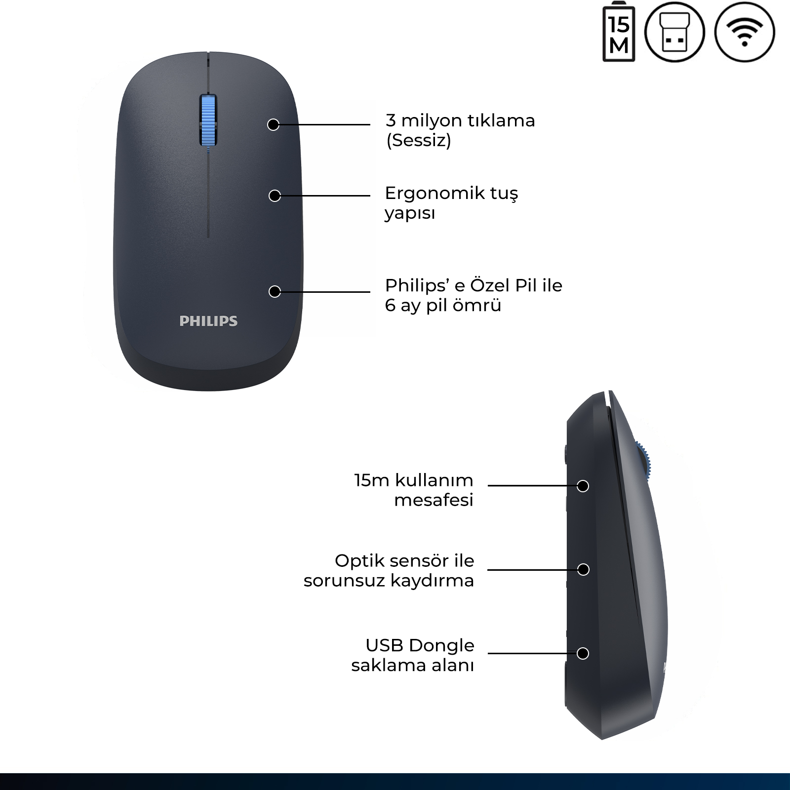 Philips SPK7438 Kablosuz Bluetooth 1600DPI 4 Tuşlu Optik Sessiz Mouse Lacivert - Görsel 11