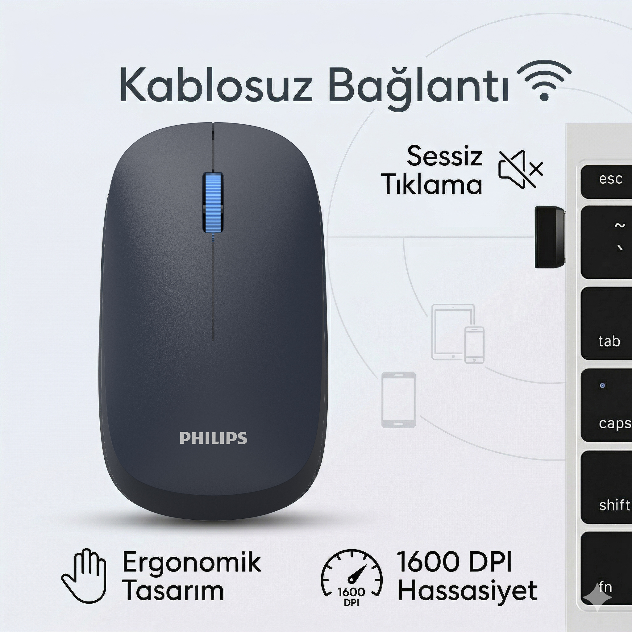 Philips SPK7438 Kablosuz Bluetooth 1600DPI 4 Tuşlu Optik Sessiz Mouse Lacivert - Görsel 12