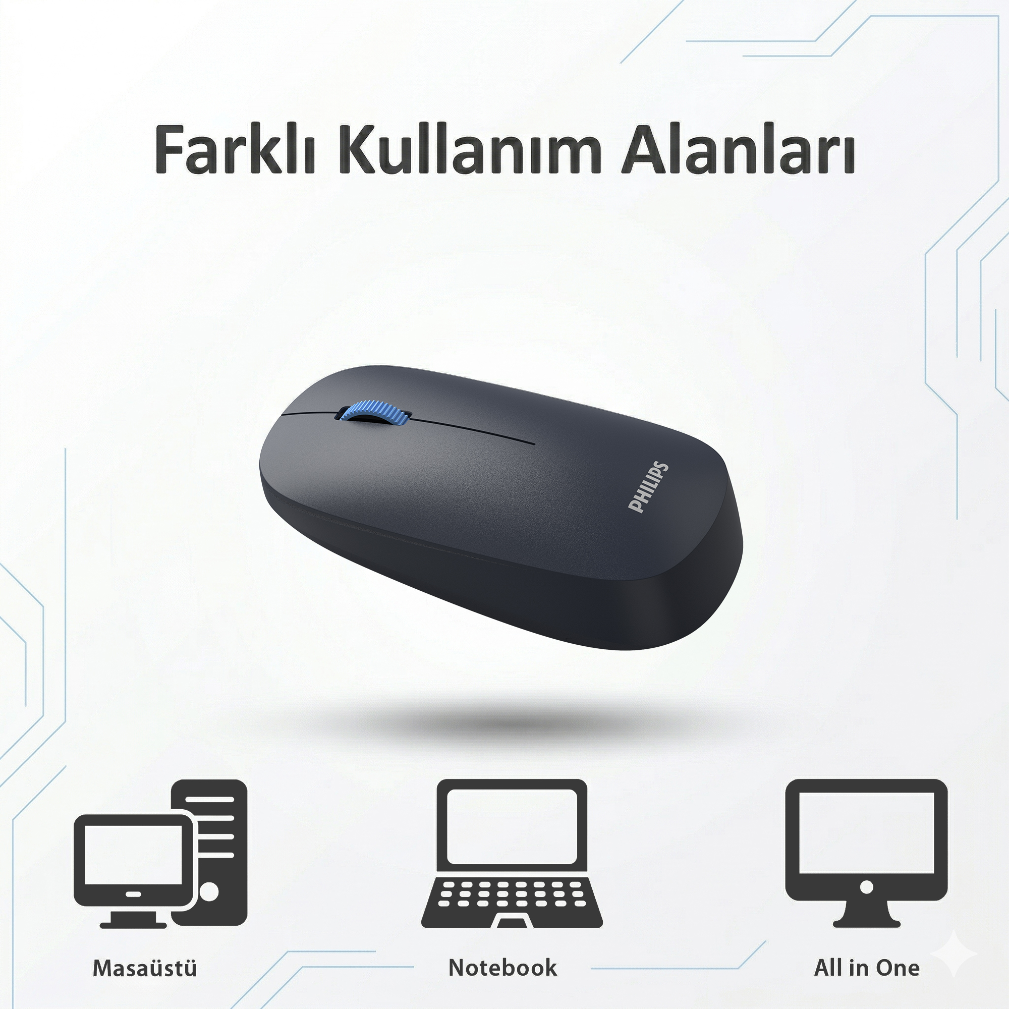 Philips SPK7438 Kablosuz Bluetooth 1600DPI 4 Tuşlu Optik Sessiz Mouse Lacivert - Görsel 9