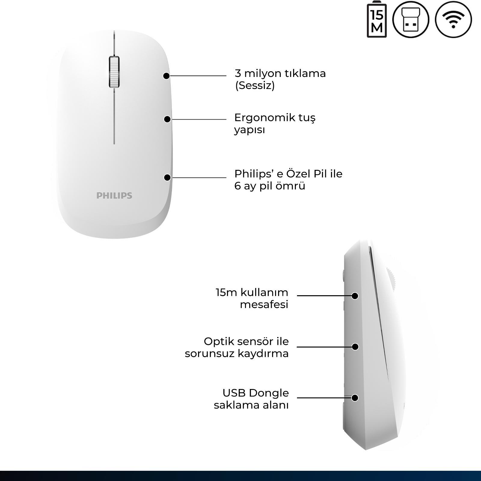 Philips SPK7438 Kablosuz Bluetooth 1600DPI 4 Tuşlu Optik Sessiz Mouse Beyaz - Görsel 12