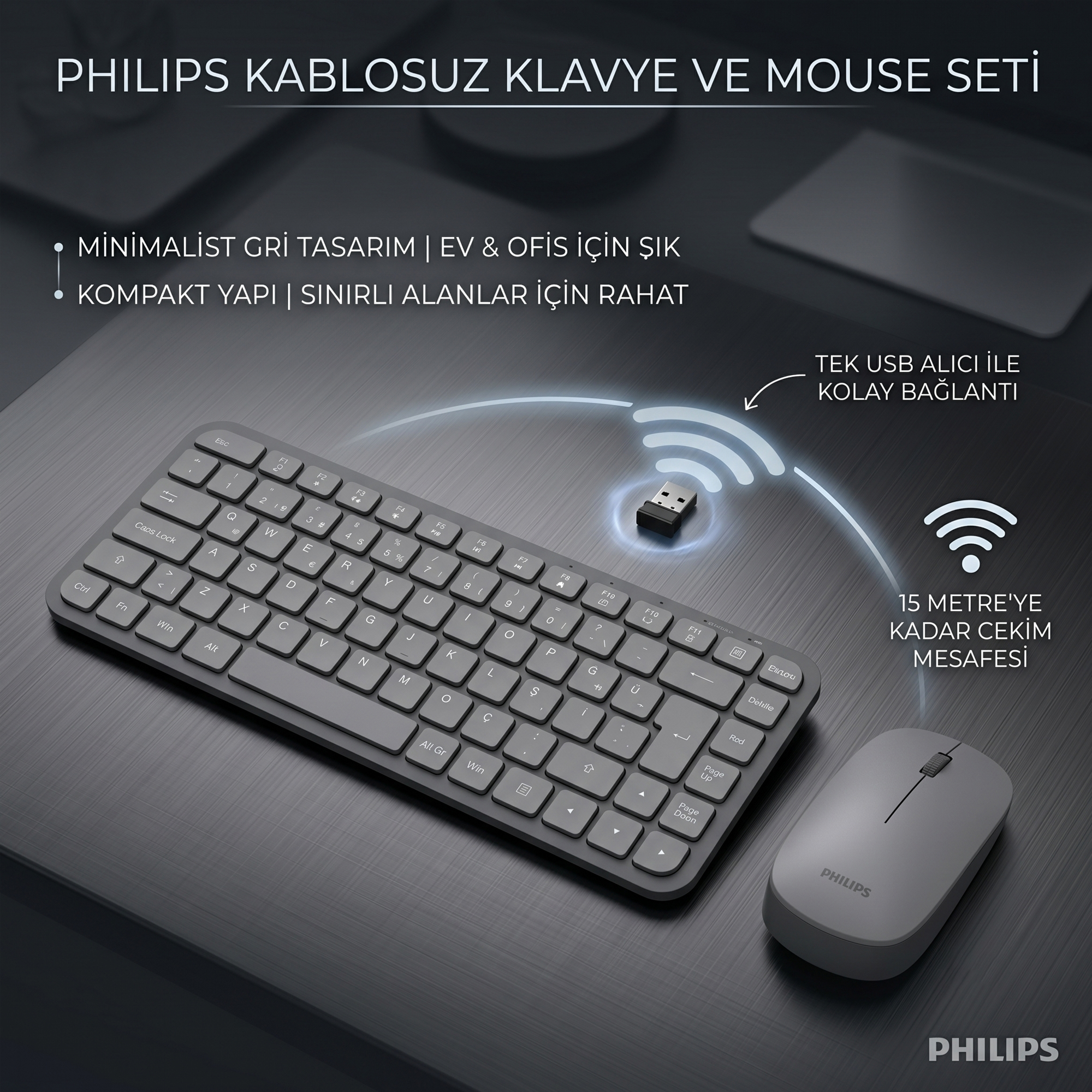 Philips SPT6338 Kablosuz Türkçe Q Klavye ve Mouse Seti Gri - Görsel 11