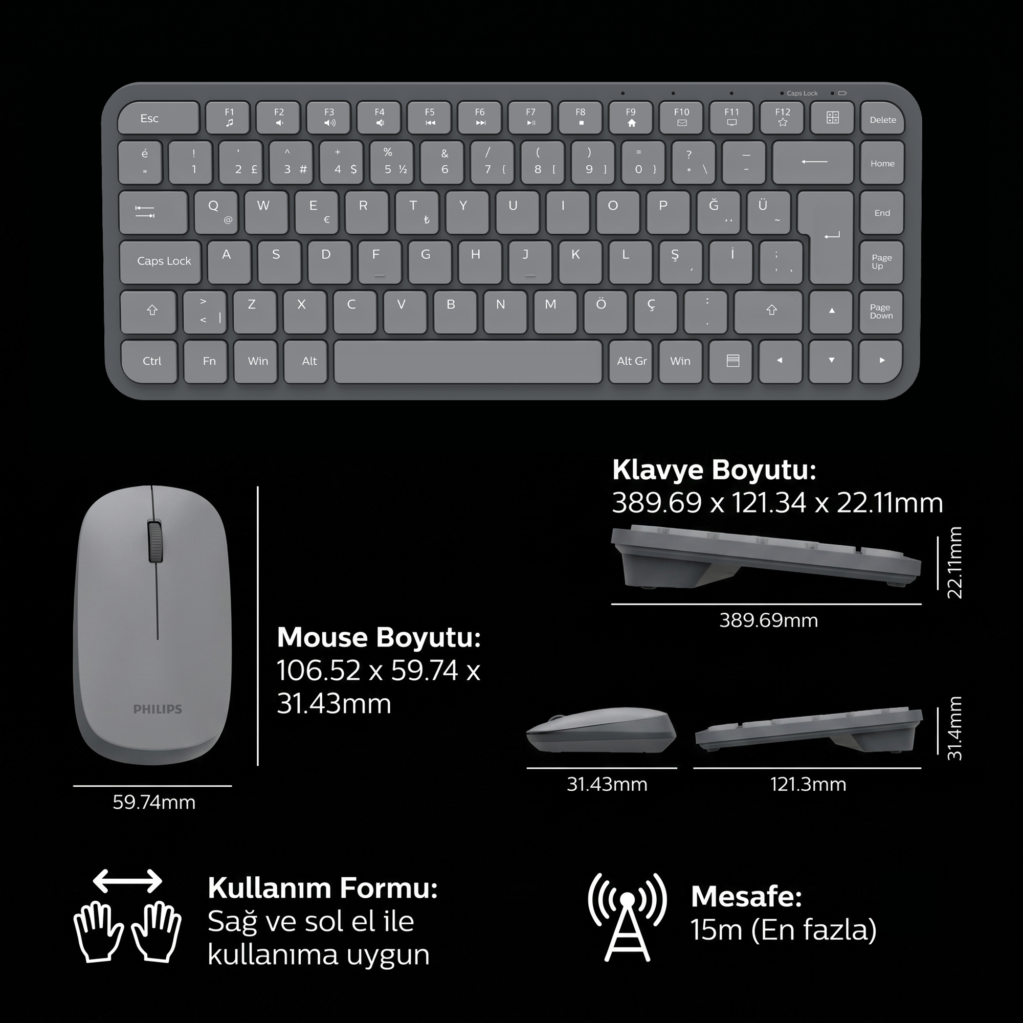 Philips SPT6338 Kablosuz Türkçe Q Klavye ve Mouse Seti Gri - Görsel 13