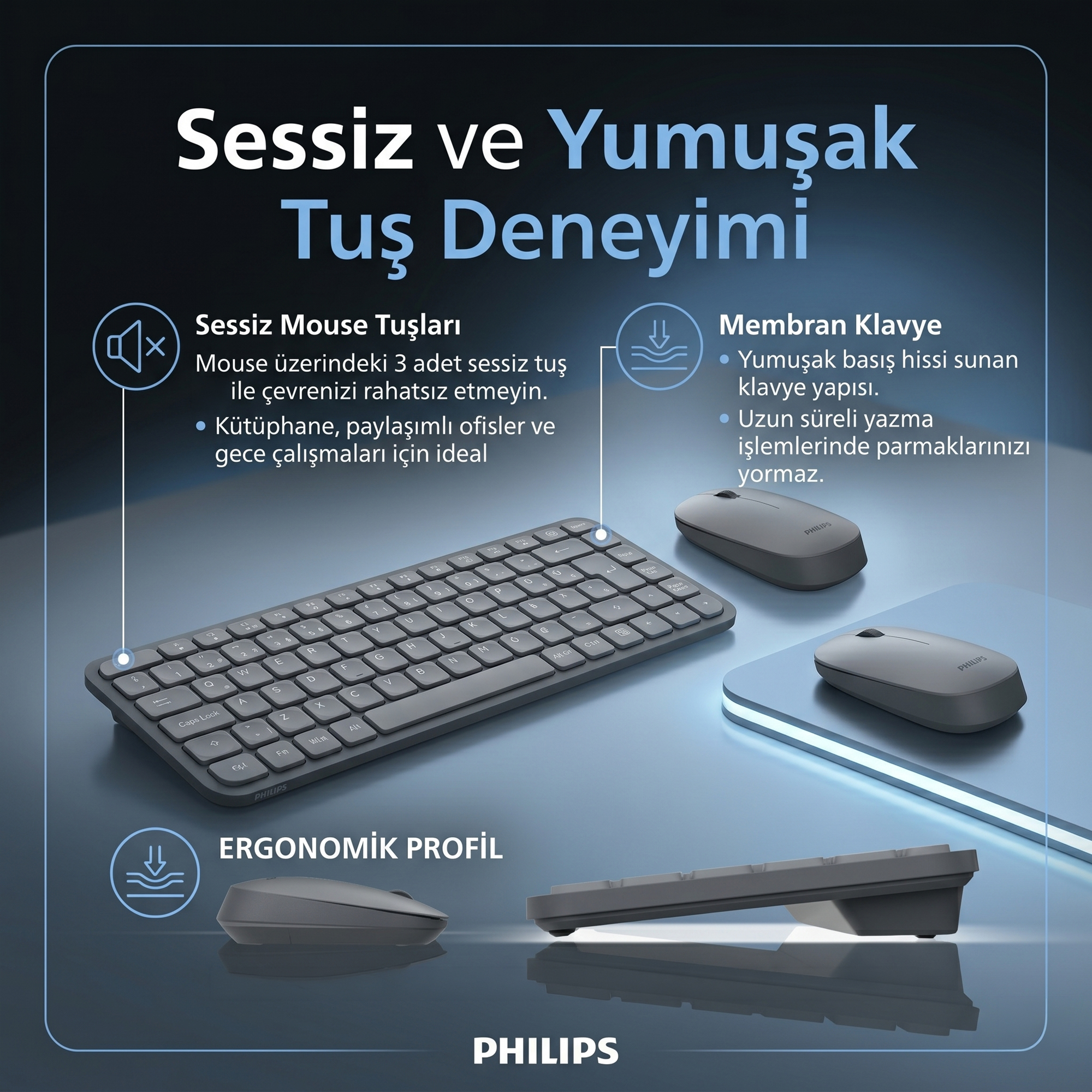 Philips SPT6338 Kablosuz Türkçe Q Klavye ve Mouse Seti Gri - Görsel 15
