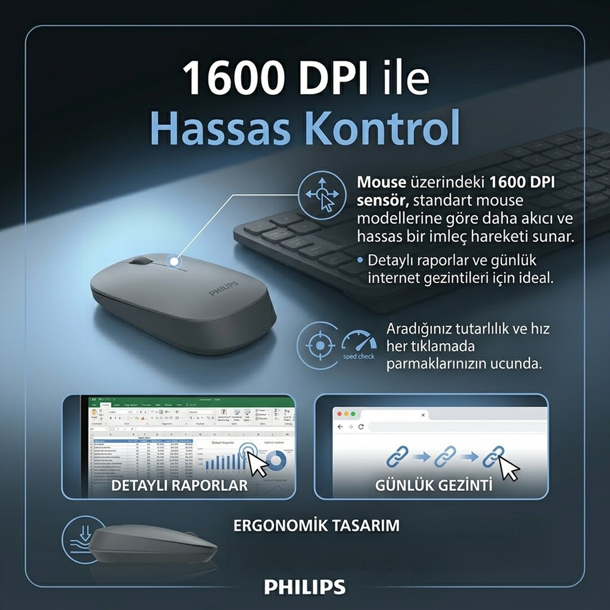 Philips SPT6338 Kablosuz Türkçe Q Klavye ve Mouse Seti Gri - Görsel 16