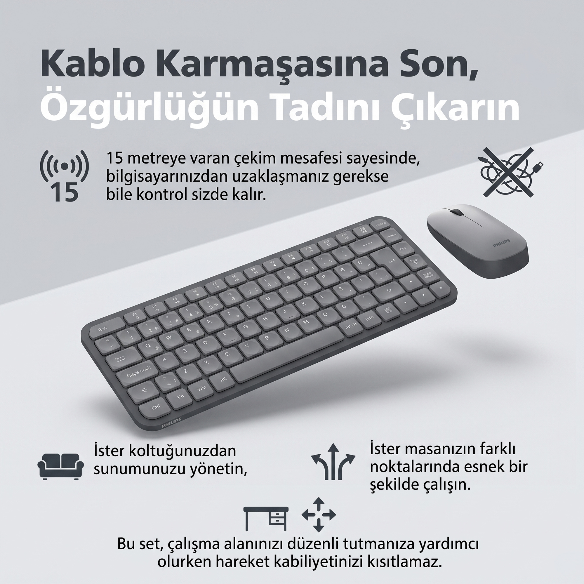 Philips SPT6338 Kablosuz Türkçe Q Klavye ve Mouse Seti Gri - Görsel 17