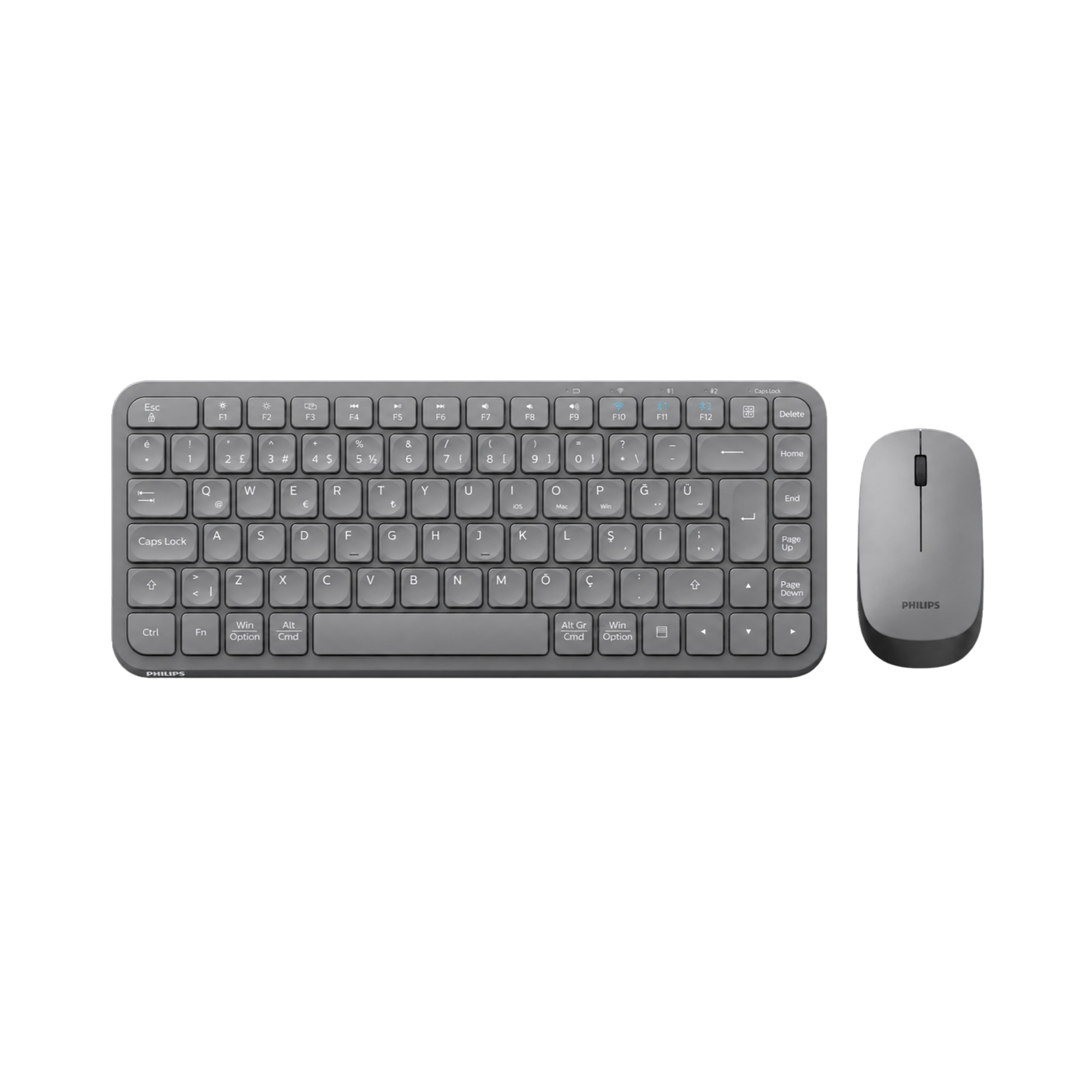 Philips SPT6338BT Bluetooth ve 2.4GHz Kablosuz Türkçe Q Klavye Mouse Seti Gri