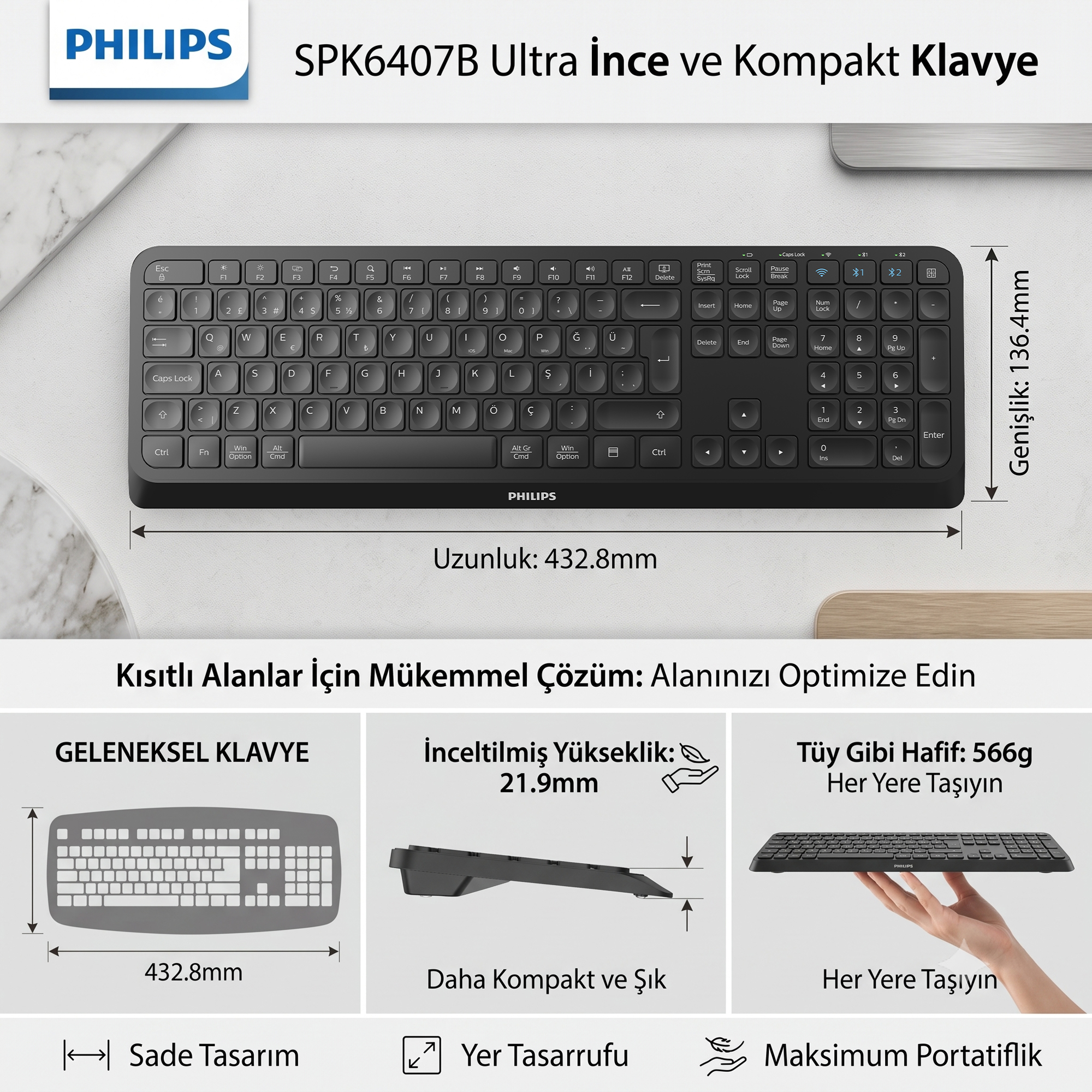 Philips SPK6407 Kablosuz Türkçe Q Klavye Siyah - Görsel 12