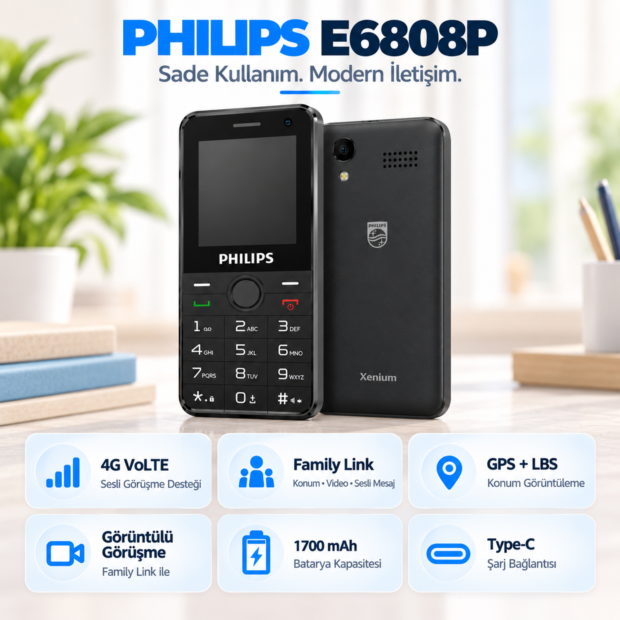 Philips E6808P 4G VoLTE Tuşlu Cep Telefonu 2.4” Ekran 1700mAh Batarya Görüntülü Arama Family Link Asker-Yaşlı-Öğrenci Siyah - Görsel 11