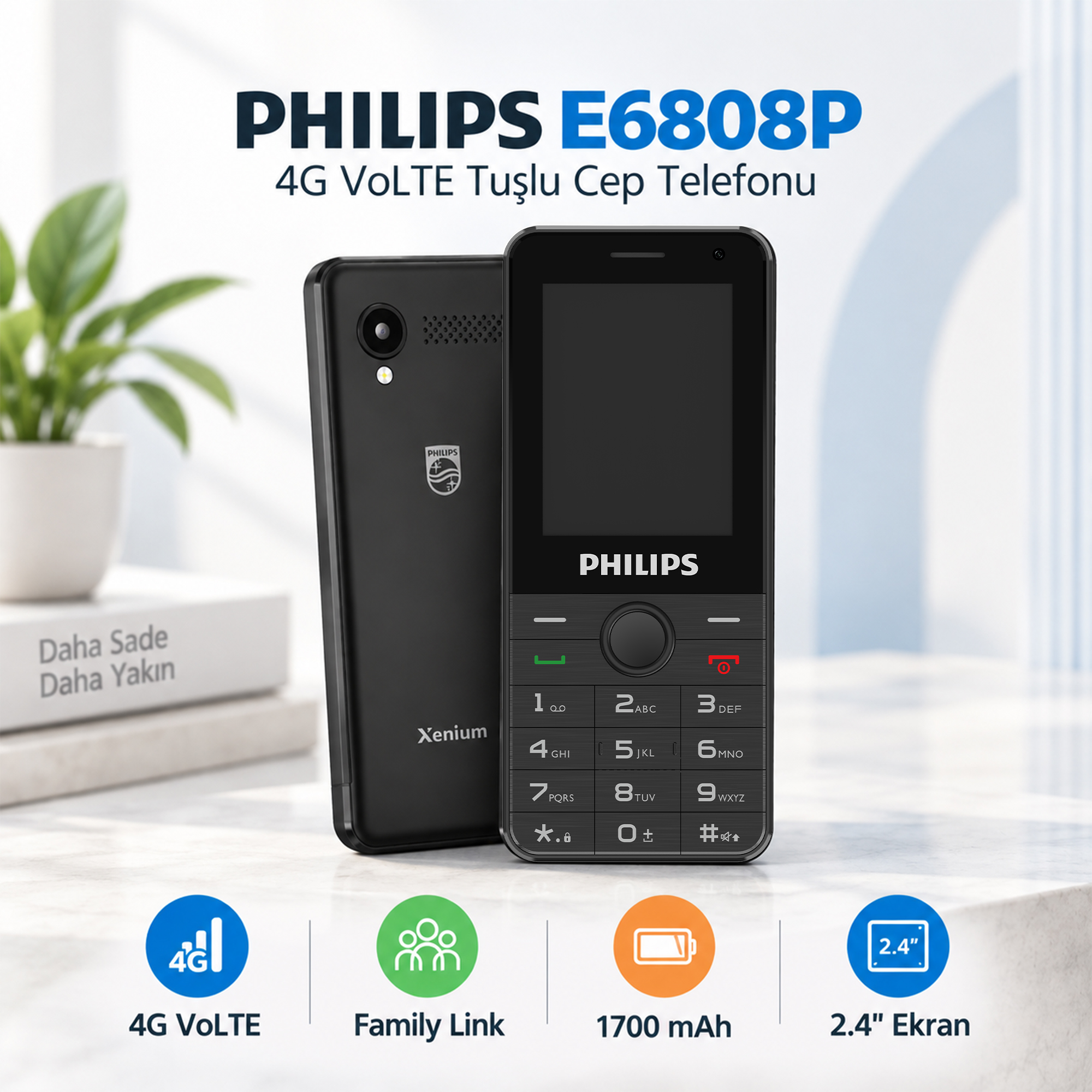 Philips E6808P 4G VoLTE Tuşlu Cep Telefonu 2.4” Ekran 1700mAh Batarya Görüntülü Arama Family Link Asker-Yaşlı-Öğrenci Siyah - Görsel 2