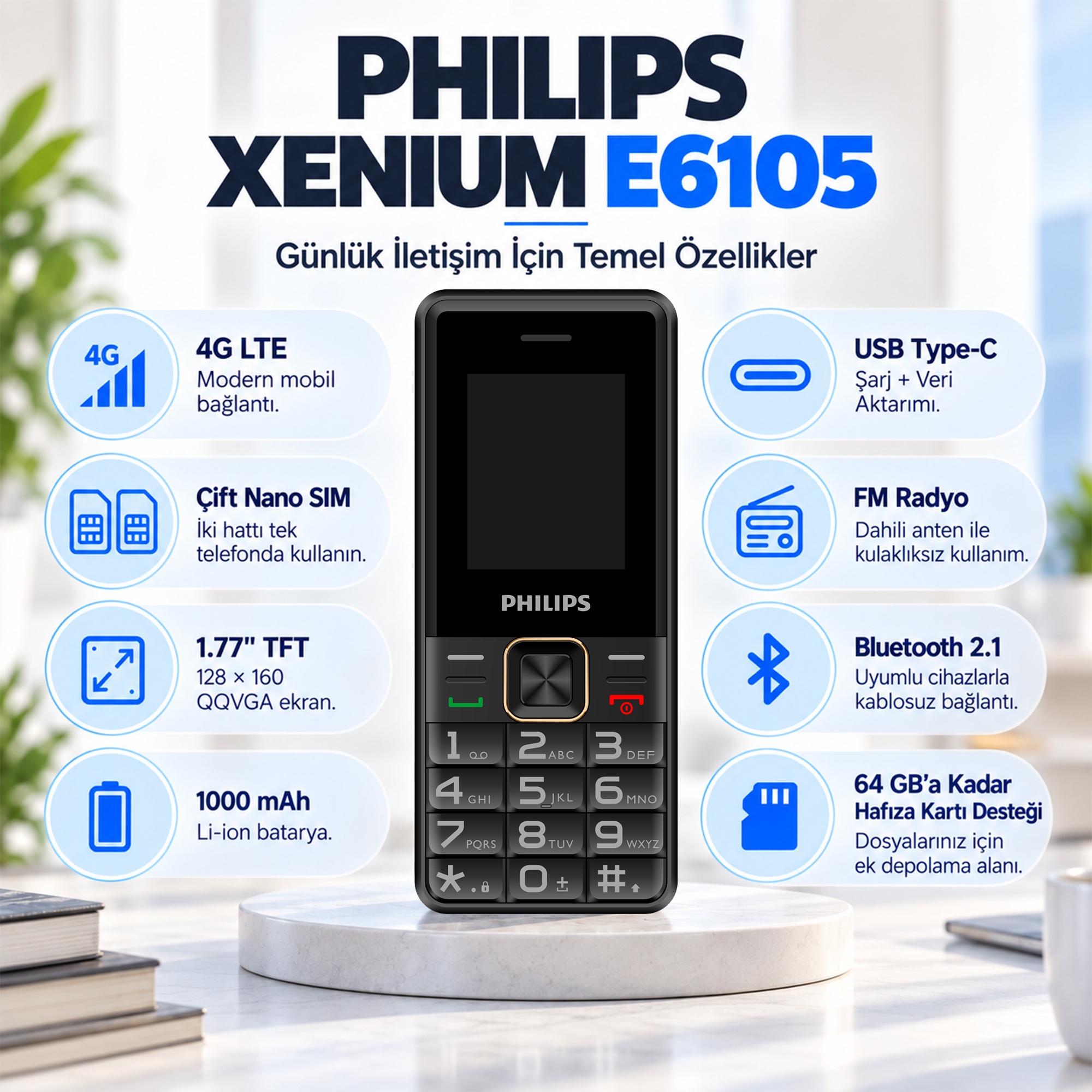 Philips Xenium E6105 4G Tuşlu Cep Telefonu Çift SIM Kartlı 1000 mAh Type-C Bluetooth FM Radyo Siyah - Görsel 2