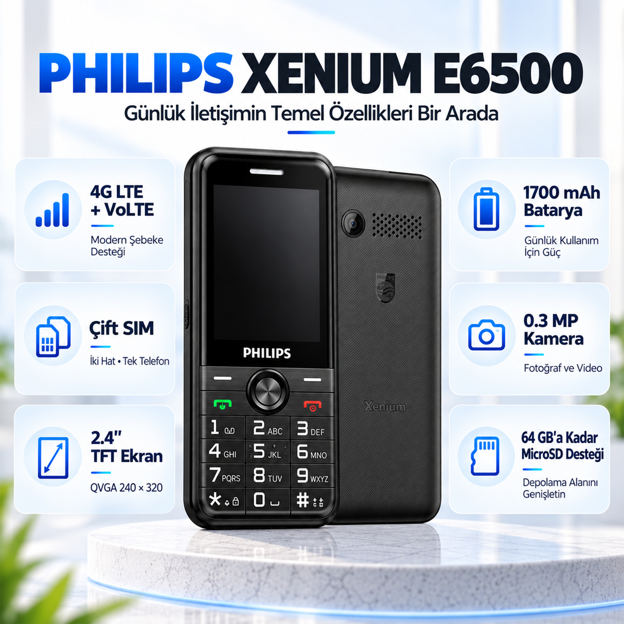 Philips Xenium E6500 4G VoLTE Kameralı Çift SIM 2.4 İnç 1700 mAh Tuşlu Cep Telefonu Siyah - Görsel 11