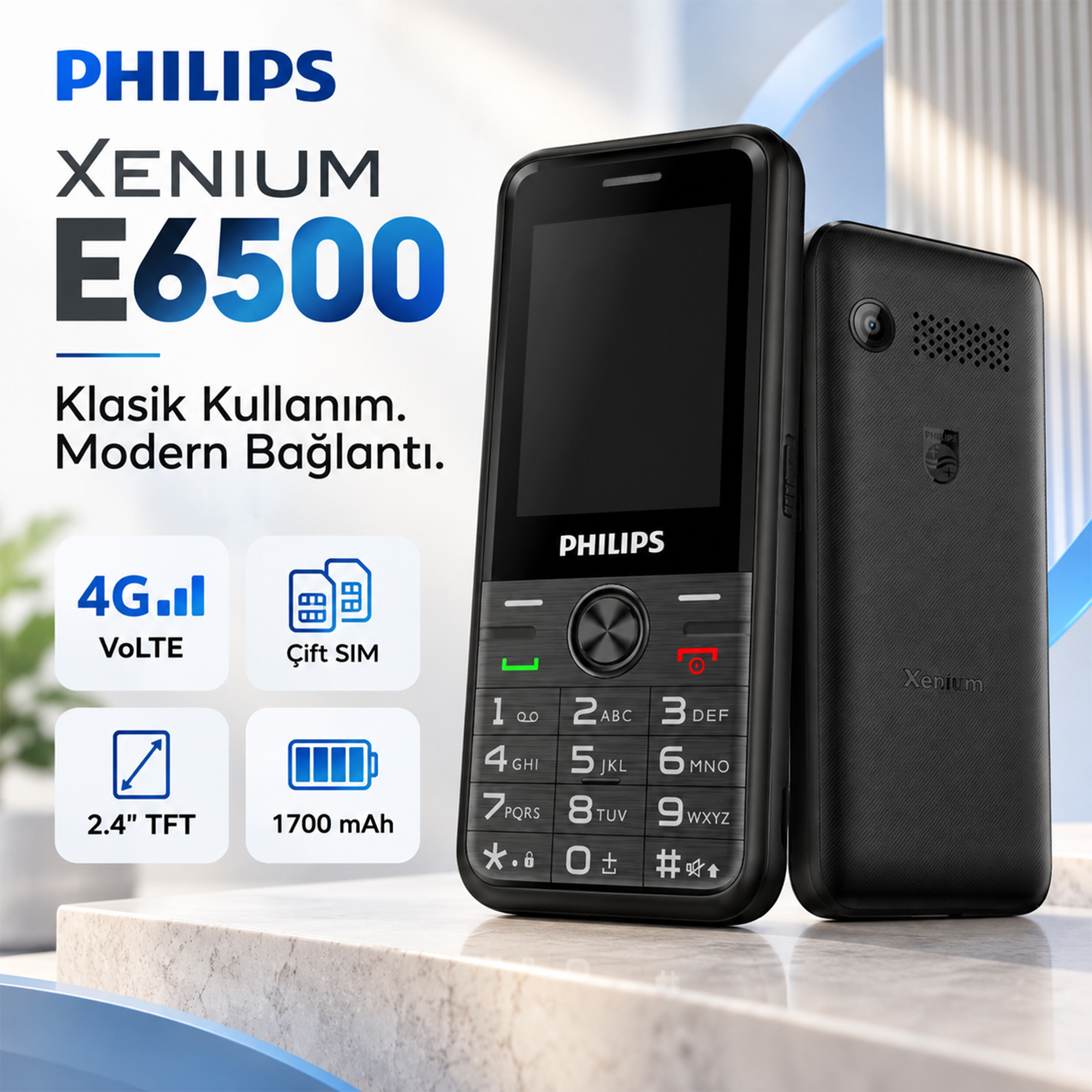 Philips Xenium E6500 4G VoLTE Kameralı Çift SIM 2.4 İnç 1700 mAh Tuşlu Cep Telefonu Siyah - Görsel 2