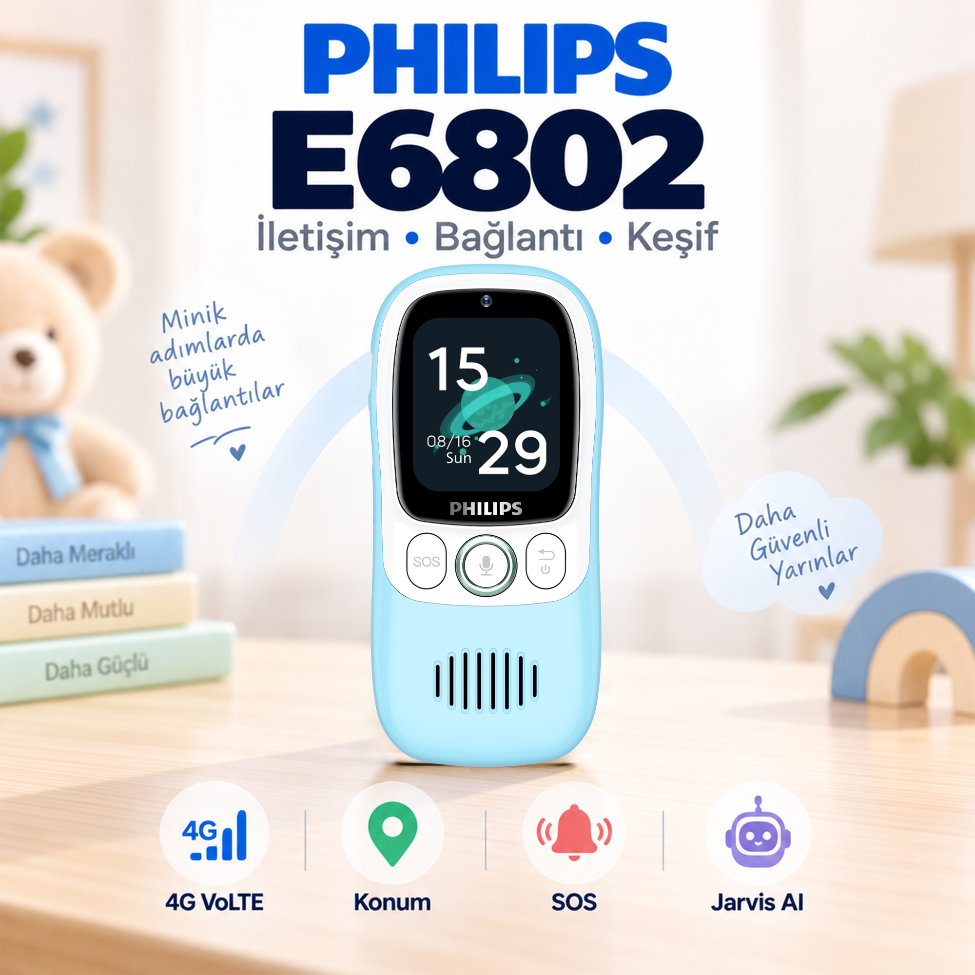 Philips E6802 4G Çocuk Telefonu GPS Konum Takibi Görüntülü Arama SOS Jarvis AI 1.83" Dokunmatik Ekran Mavi - Görsel 11