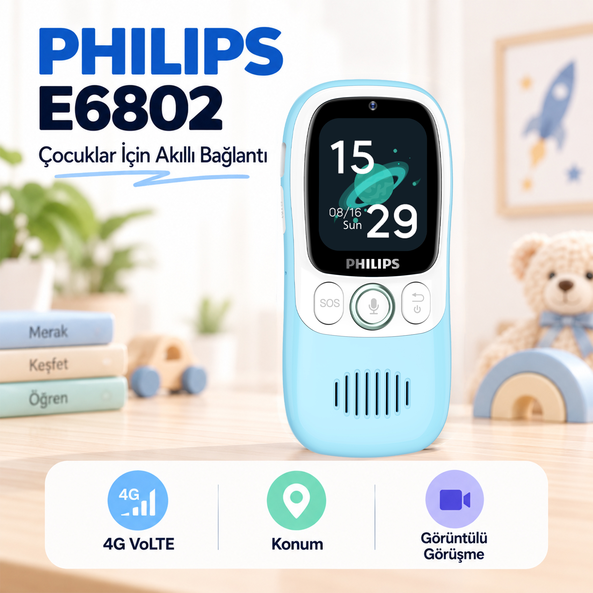 Philips E6802 4G Çocuk Telefonu GPS Konum Takibi Görüntülü Arama SOS Jarvis AI 1.83" Dokunmatik Ekran Mavi - Görsel 2