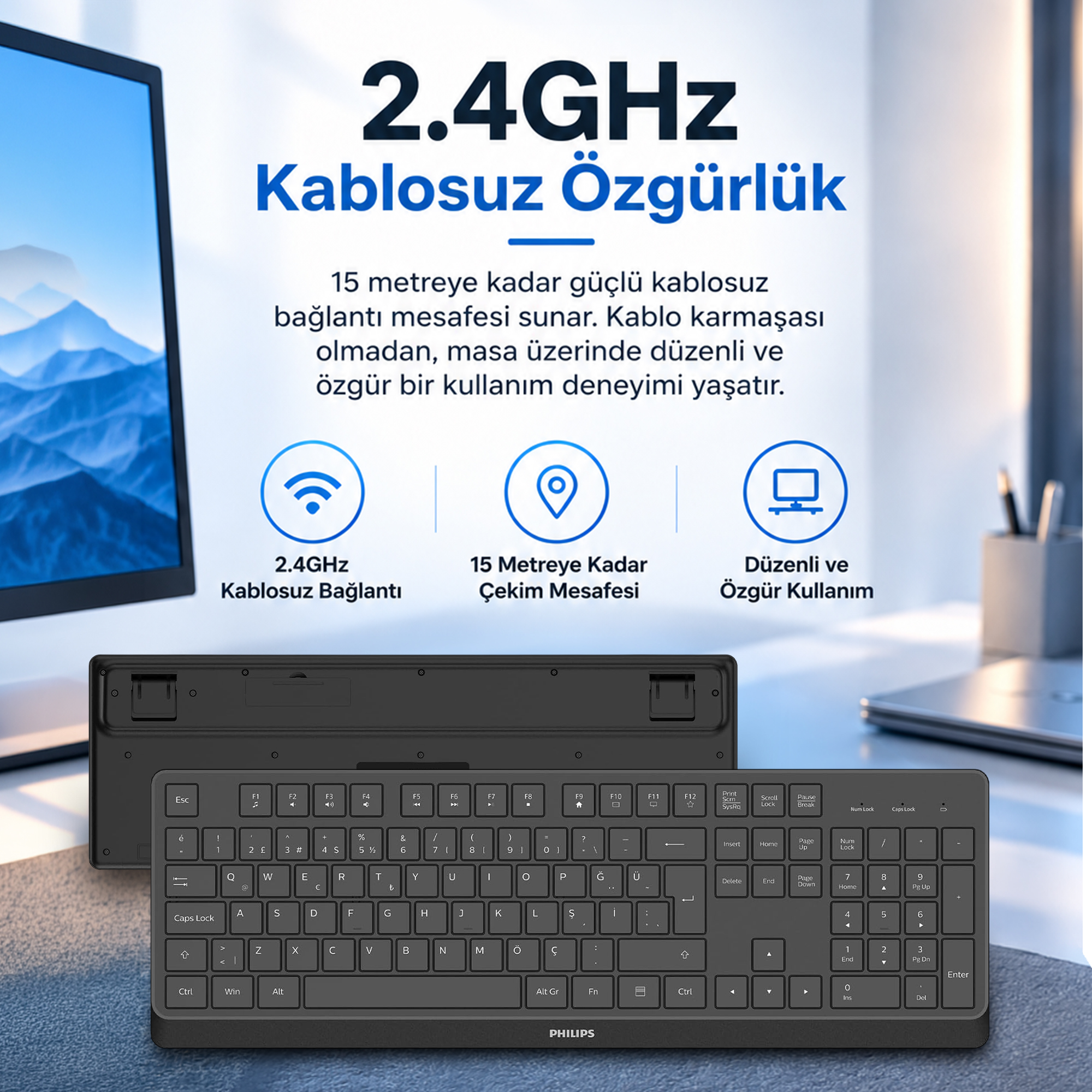 Philips SPK6368 2.4GHz Kablosuz Türkçe Q Klavye 105 Tuş 15 m USB Alıcılı Siyah - Görsel 6