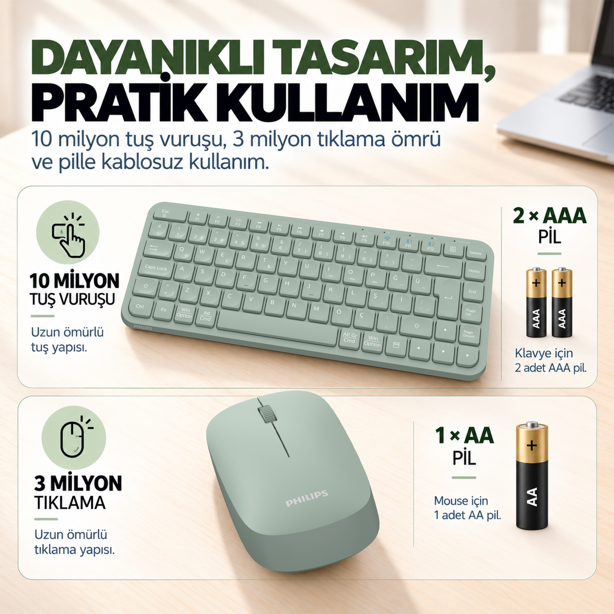 Philips SPT6338BT Bluetooth ve 2.4GHz Kablosuz Türkçe Q Klavye Mouse Seti Yeşil - Görsel 10