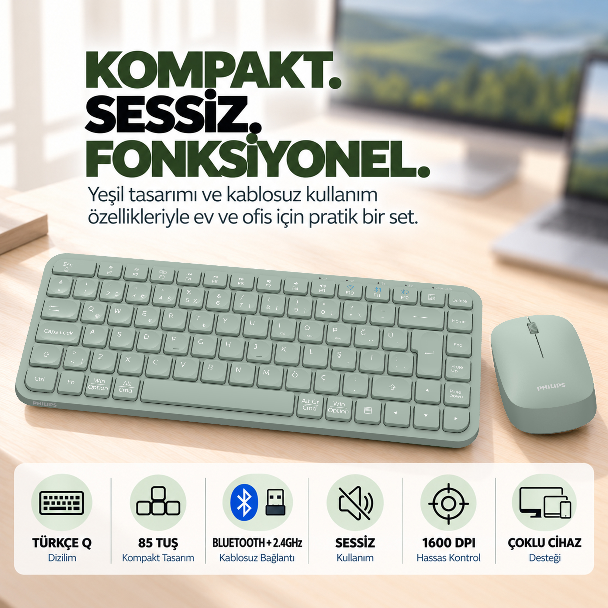 Philips SPT6338BT Bluetooth ve 2.4GHz Kablosuz Türkçe Q Klavye Mouse Seti Yeşil - Görsel 11