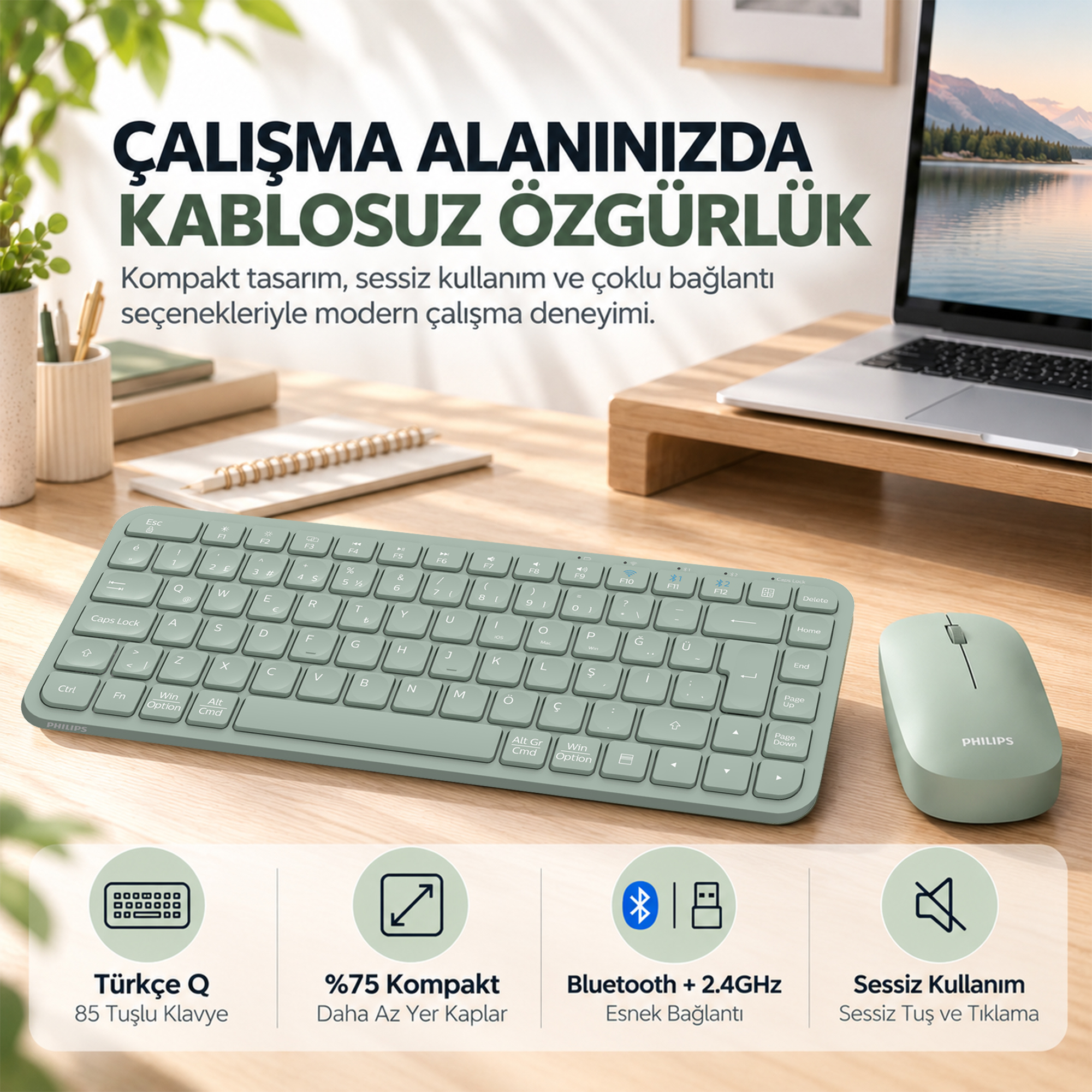 Philips SPT6338BT Bluetooth ve 2.4GHz Kablosuz Türkçe Q Klavye Mouse Seti Yeşil - Görsel 2