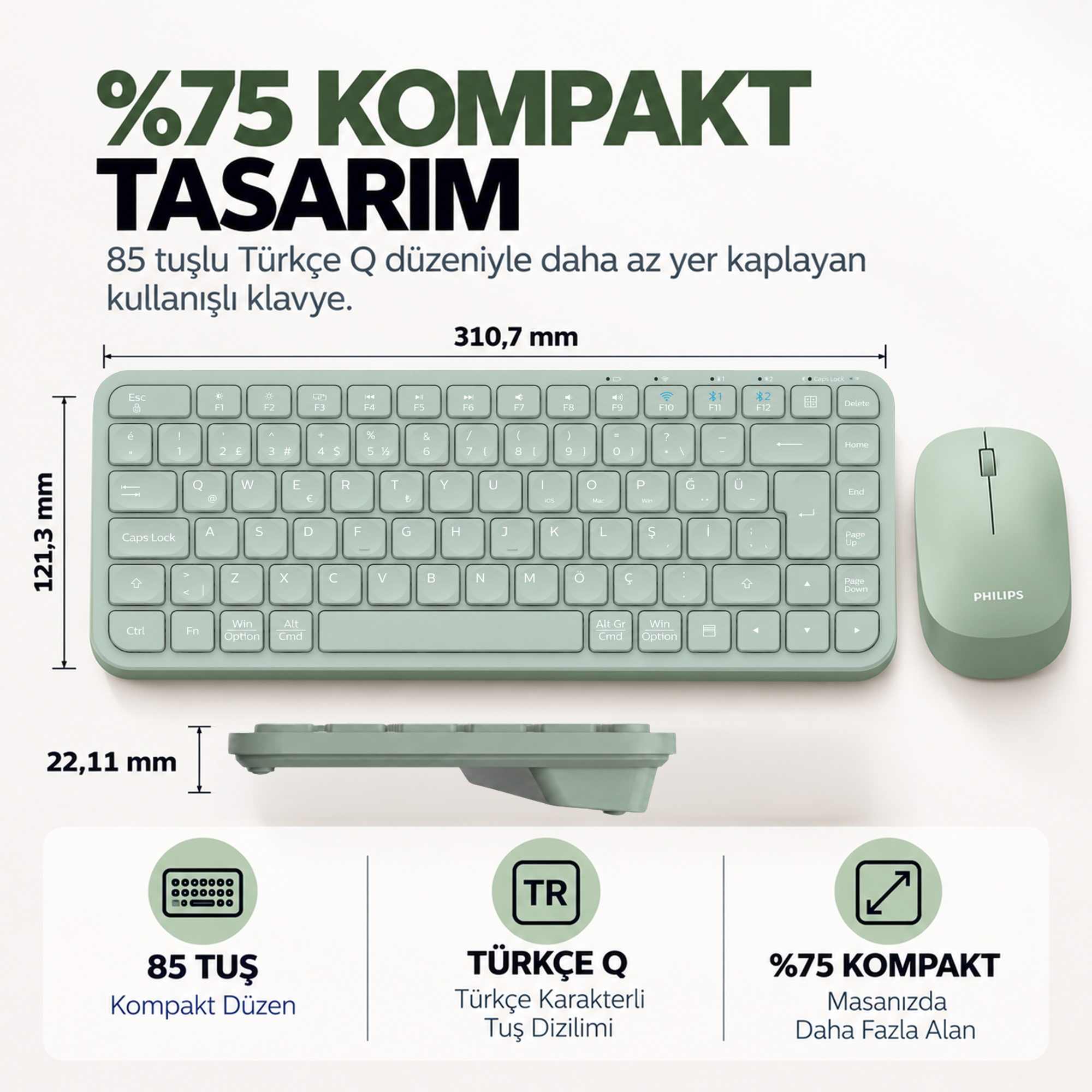 Philips SPT6338BT Bluetooth ve 2.4GHz Kablosuz Türkçe Q Klavye Mouse Seti Yeşil - Görsel 3