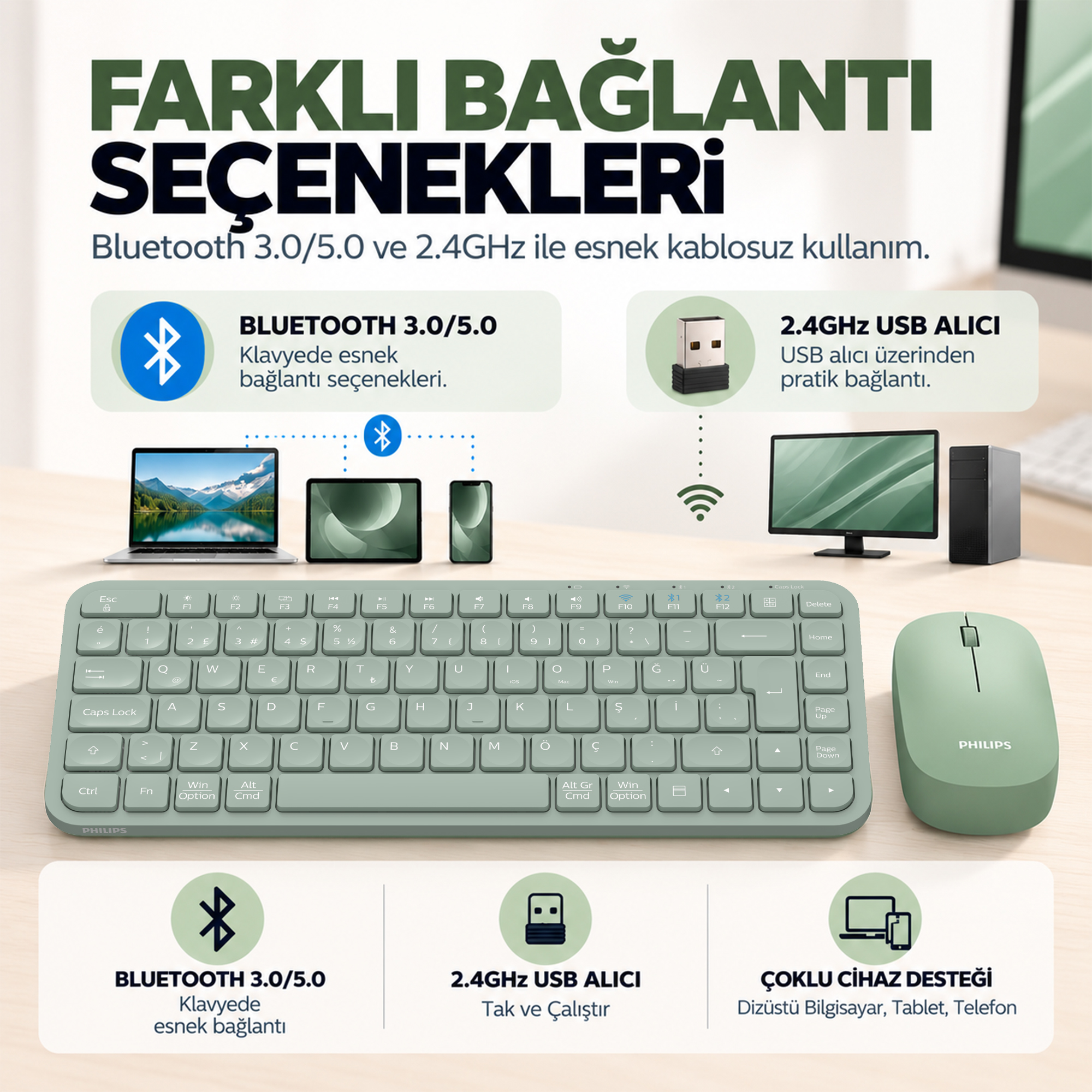 Philips SPT6338BT Bluetooth ve 2.4GHz Kablosuz Türkçe Q Klavye Mouse Seti Yeşil - Görsel 4