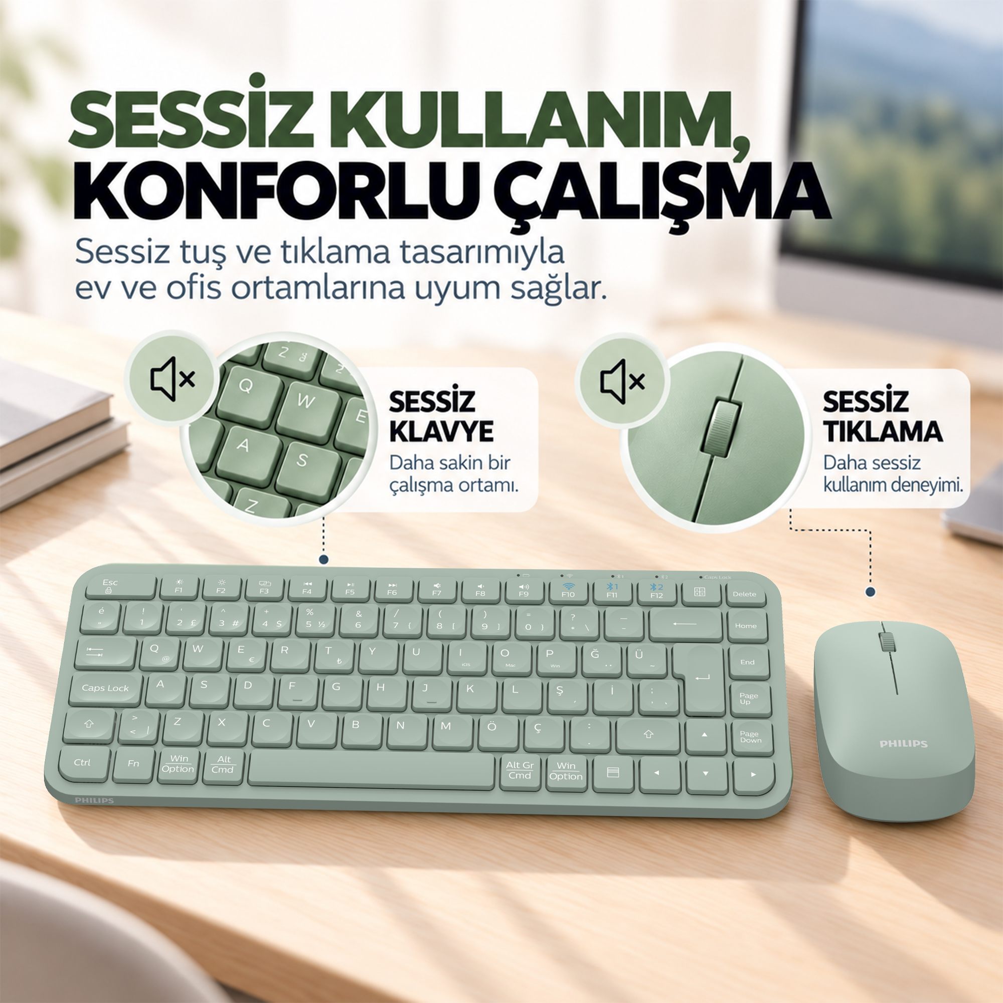 Philips SPT6338BT Bluetooth ve 2.4GHz Kablosuz Türkçe Q Klavye Mouse Seti Yeşil - Görsel 5
