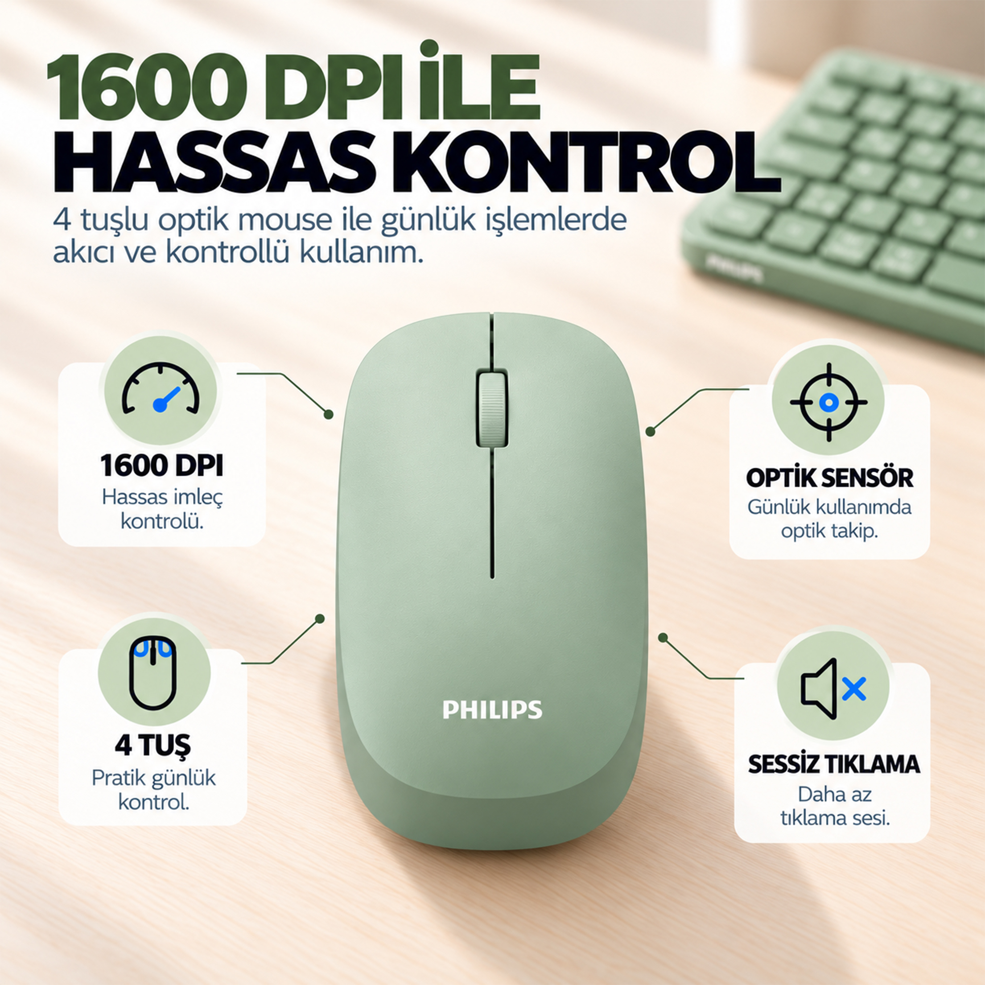 Philips SPT6338BT Bluetooth ve 2.4GHz Kablosuz Türkçe Q Klavye Mouse Seti Yeşil - Görsel 6