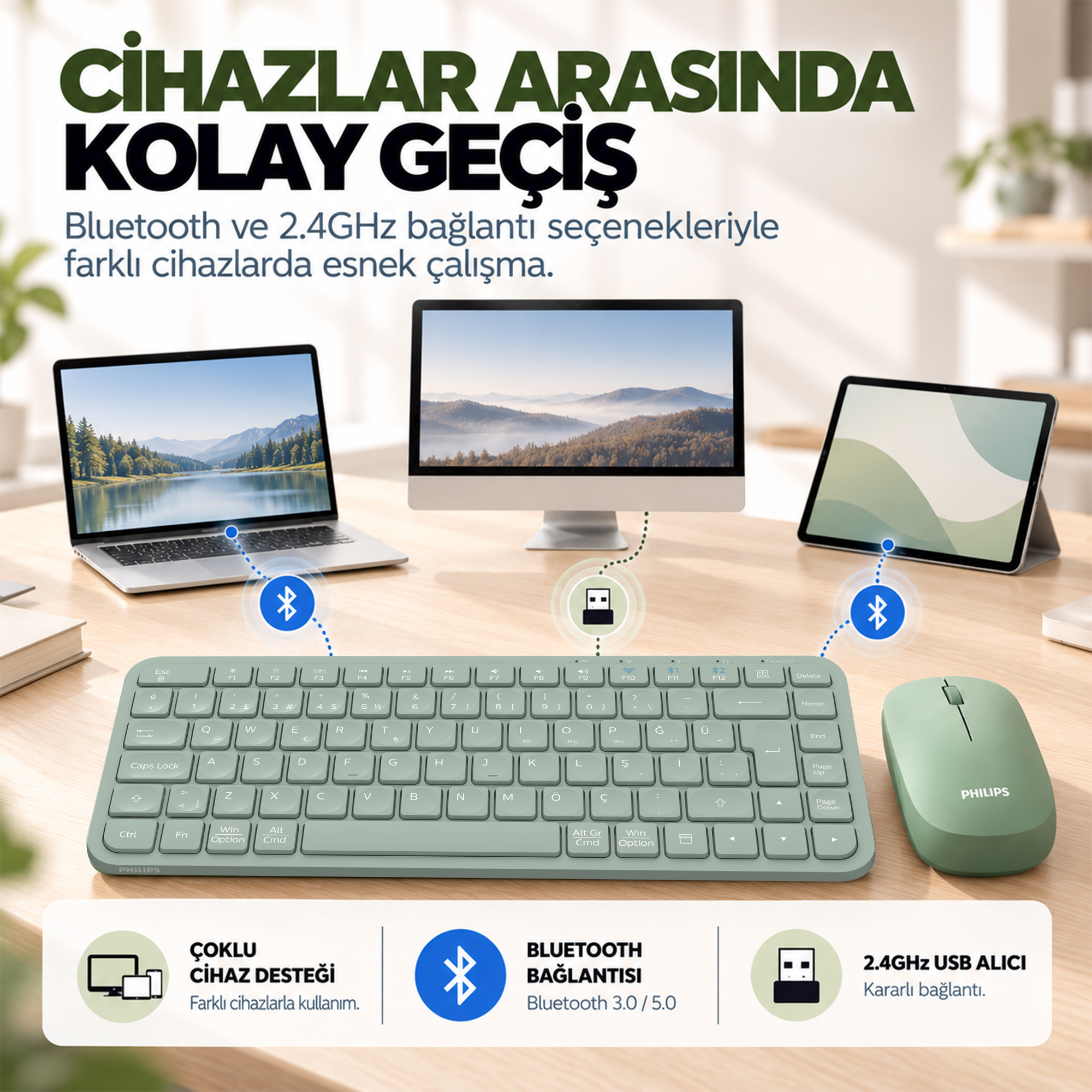 Philips SPT6338BT Bluetooth ve 2.4GHz Kablosuz Türkçe Q Klavye Mouse Seti Yeşil - Görsel 7