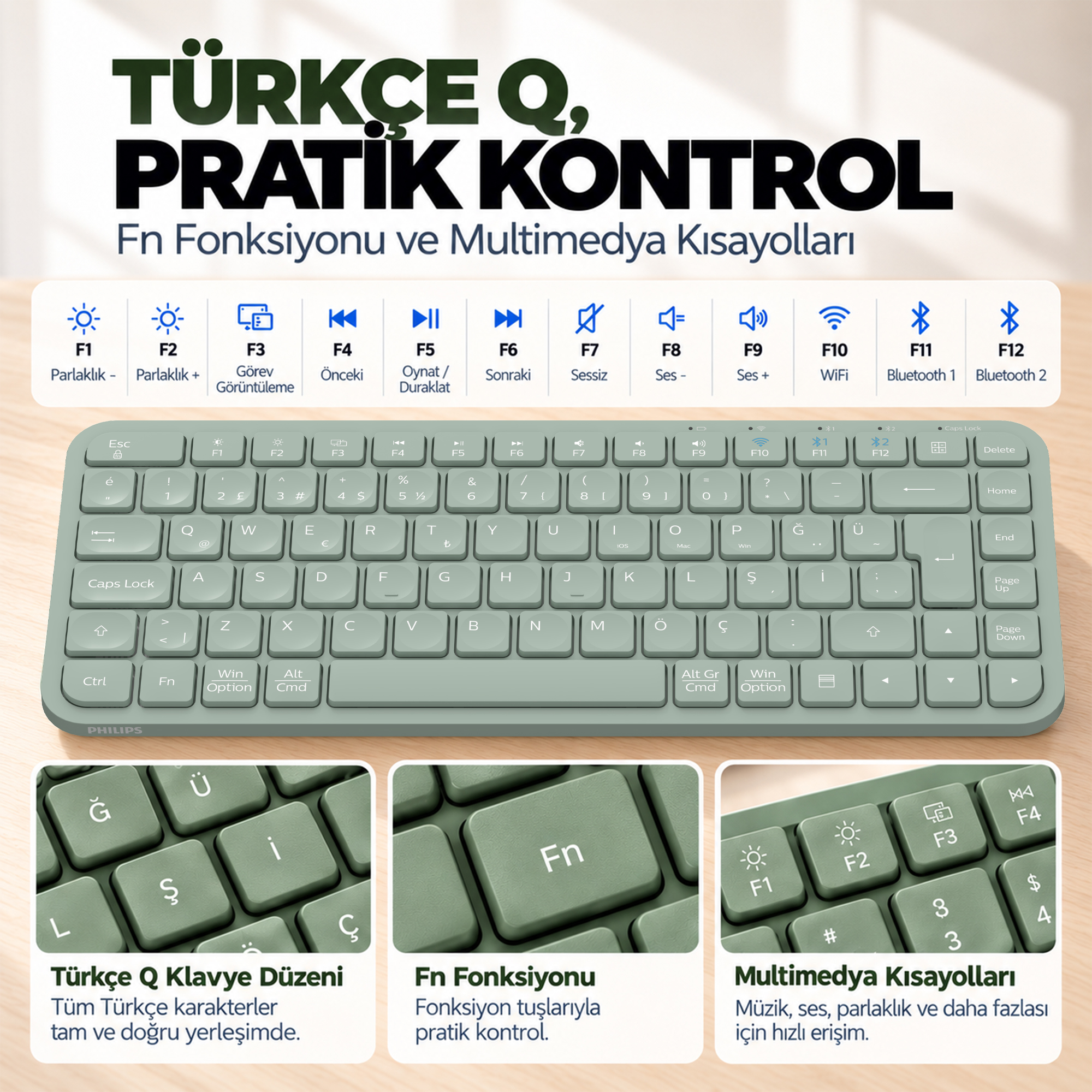 Philips SPT6338BT Bluetooth ve 2.4GHz Kablosuz Türkçe Q Klavye Mouse Seti Yeşil - Görsel 8
