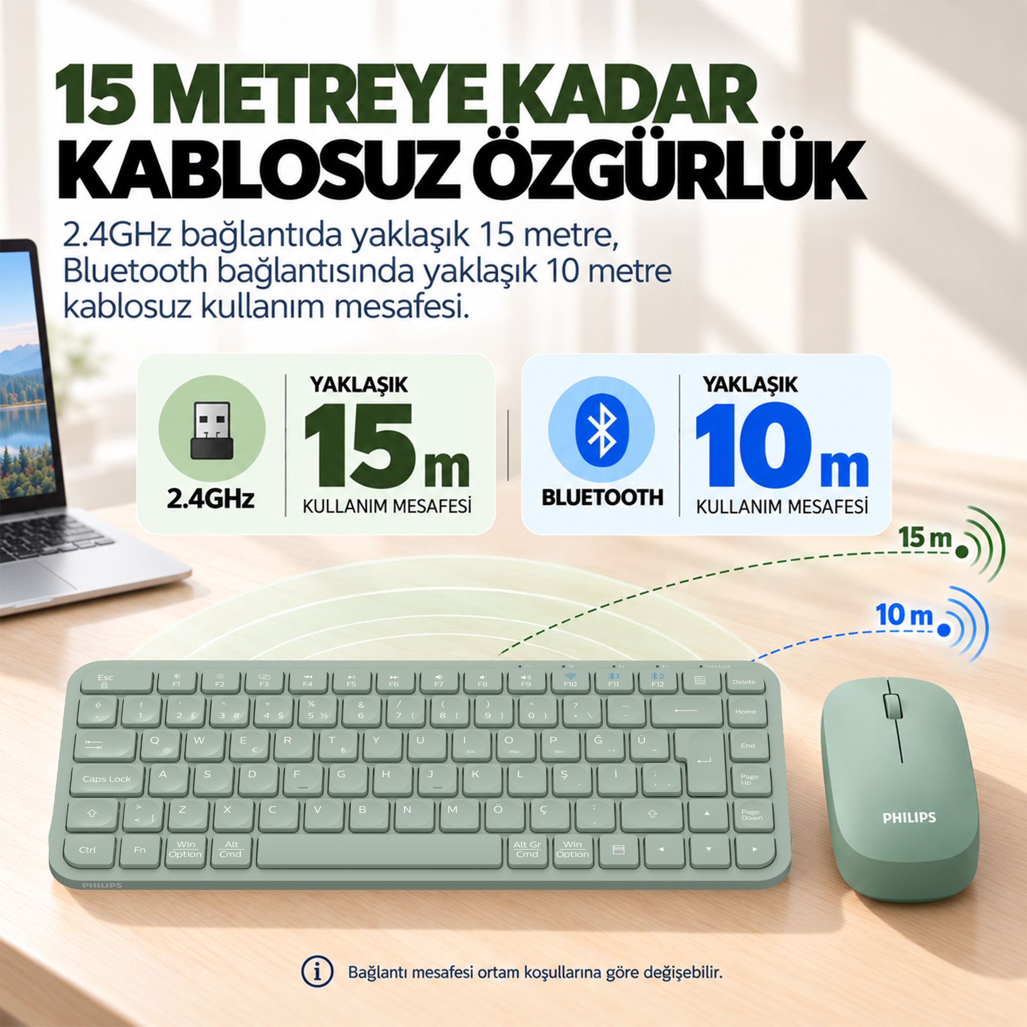 Philips SPT6338BT Bluetooth ve 2.4GHz Kablosuz Türkçe Q Klavye Mouse Seti Yeşil - Görsel 9