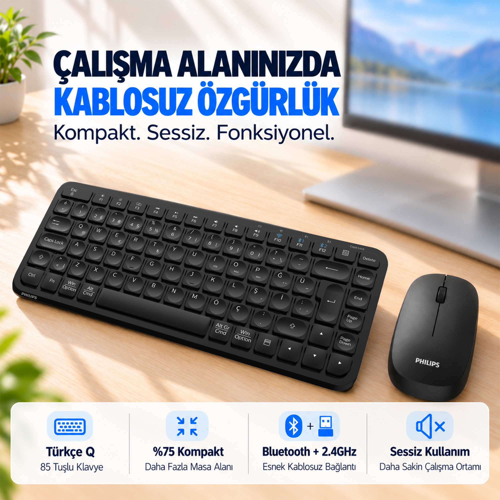 Philips SPT6338BT Bluetooth ve 2.4GHz Kablosuz Türkçe Q Klavye Mouse Seti Siyah - Görsel 11