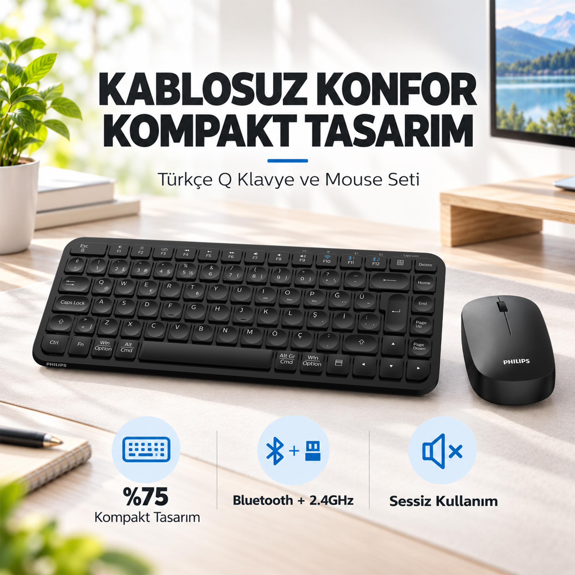 Philips SPT6338BT Bluetooth ve 2.4GHz Kablosuz Türkçe Q Klavye Mouse Seti Siyah - Görsel 2