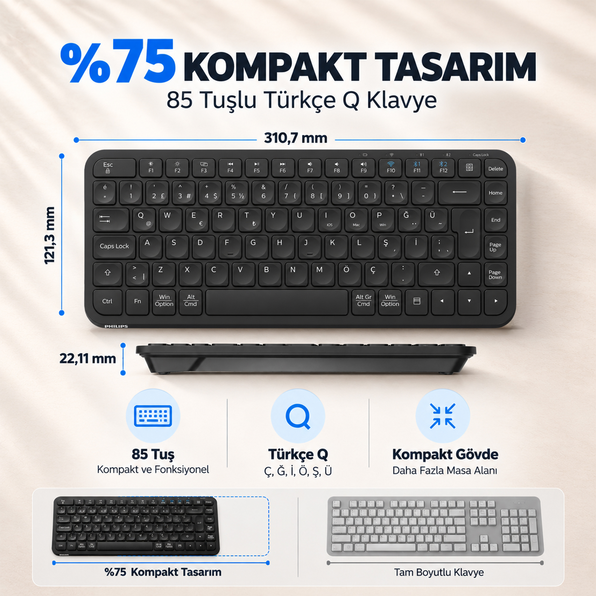Philips SPT6338BT Bluetooth ve 2.4GHz Kablosuz Türkçe Q Klavye Mouse Seti Siyah - Görsel 3