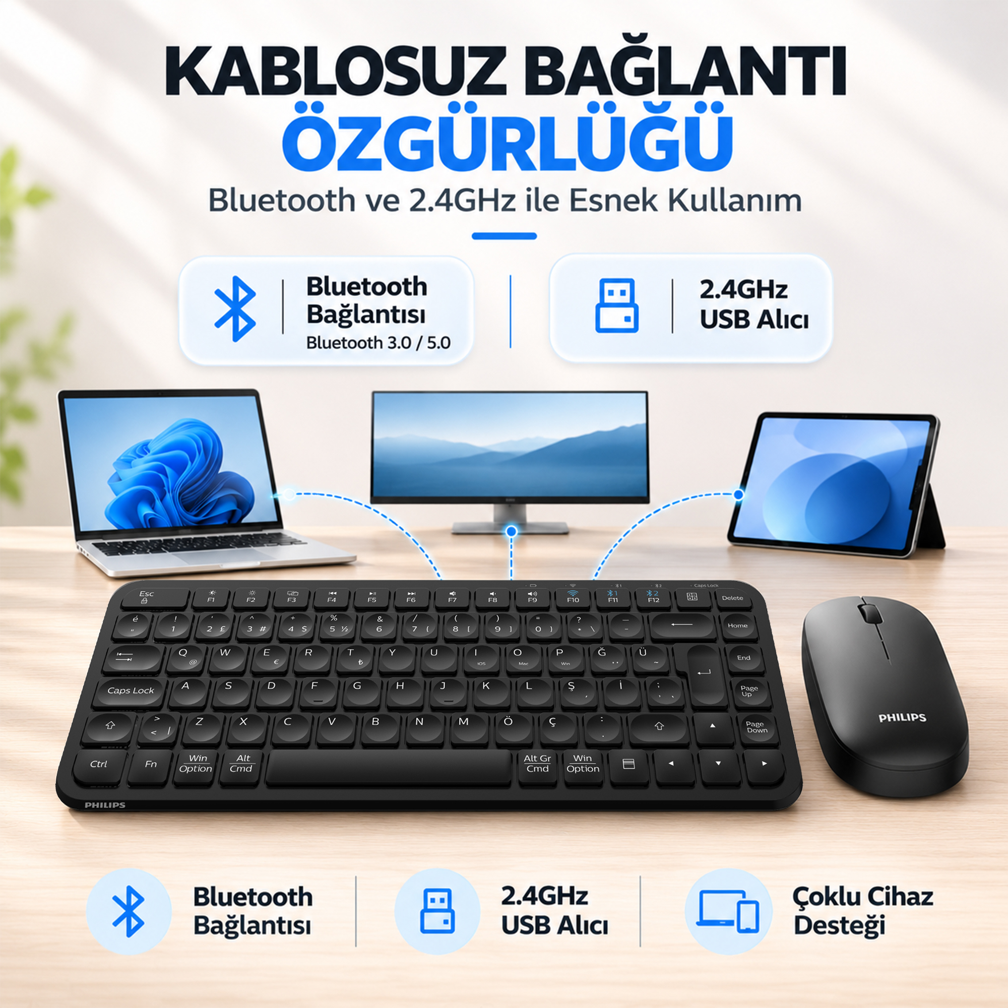 Philips SPT6338BT Bluetooth ve 2.4GHz Kablosuz Türkçe Q Klavye Mouse Seti Siyah - Görsel 4