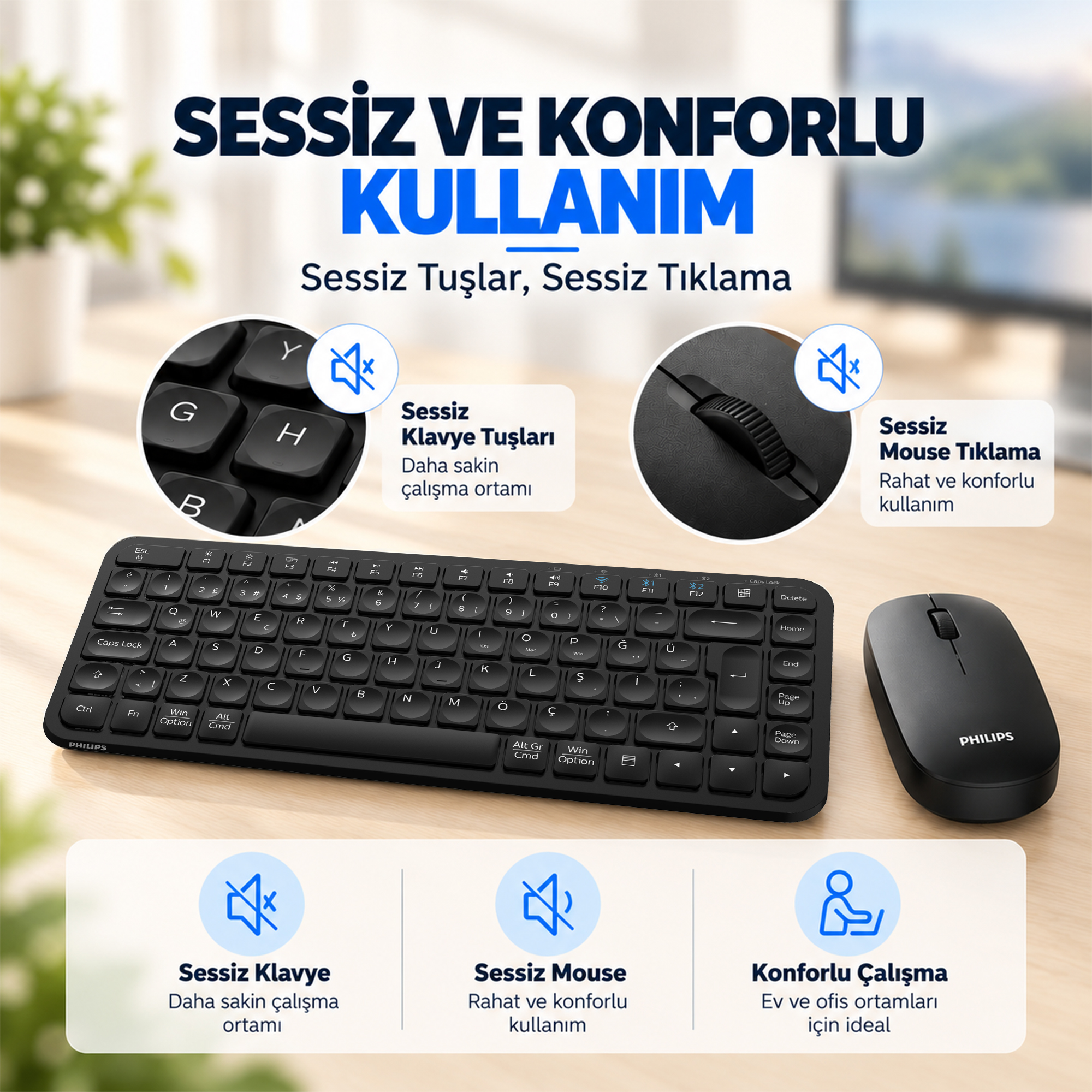 Philips SPT6338BT Bluetooth ve 2.4GHz Kablosuz Türkçe Q Klavye Mouse Seti Siyah - Görsel 5