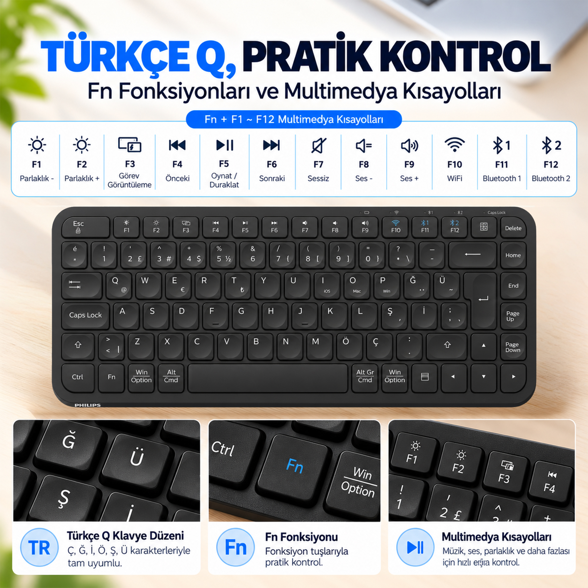 Philips SPT6338BT Bluetooth ve 2.4GHz Kablosuz Türkçe Q Klavye Mouse Seti Siyah - Görsel 7