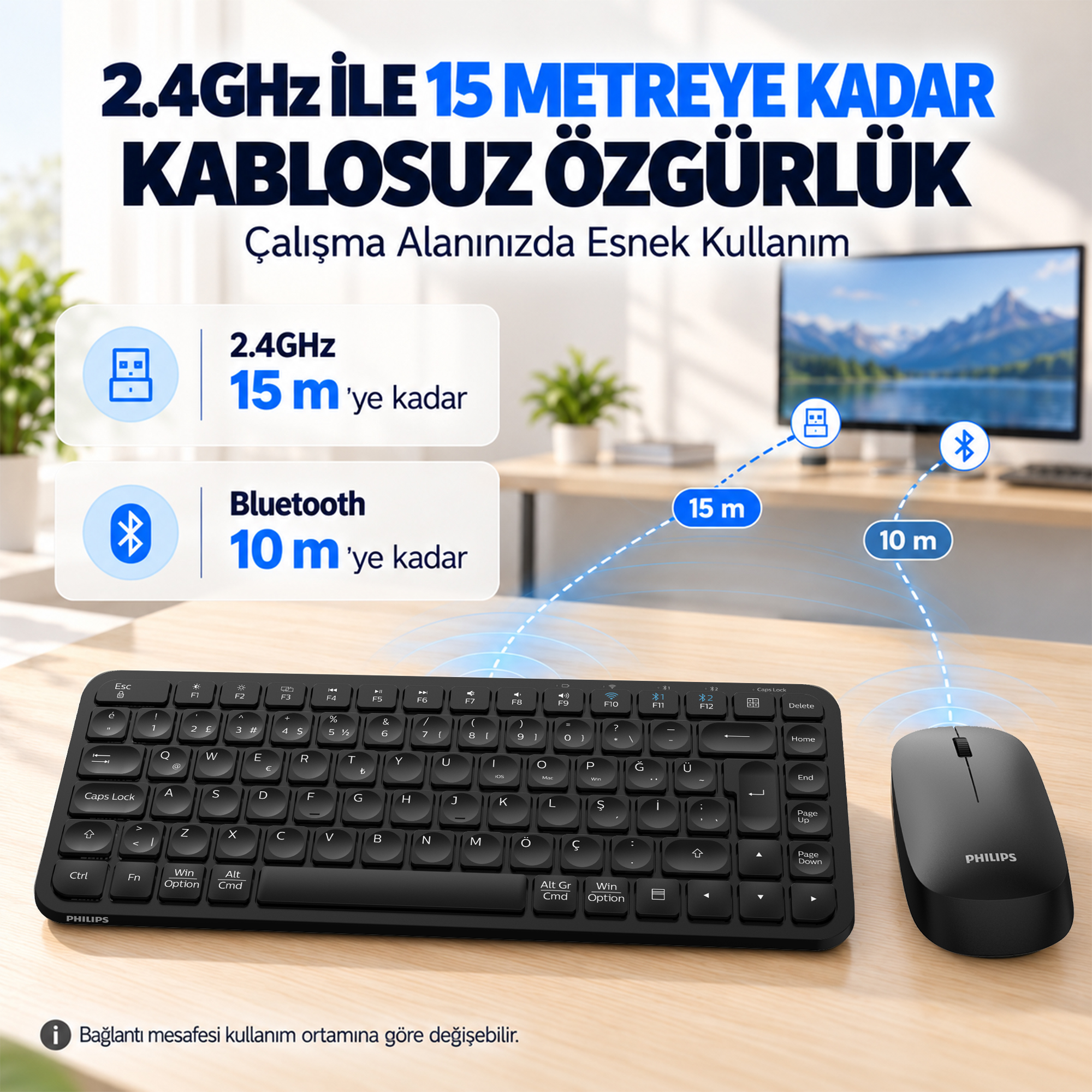 Philips SPT6338BT Bluetooth ve 2.4GHz Kablosuz Türkçe Q Klavye Mouse Seti Siyah - Görsel 8