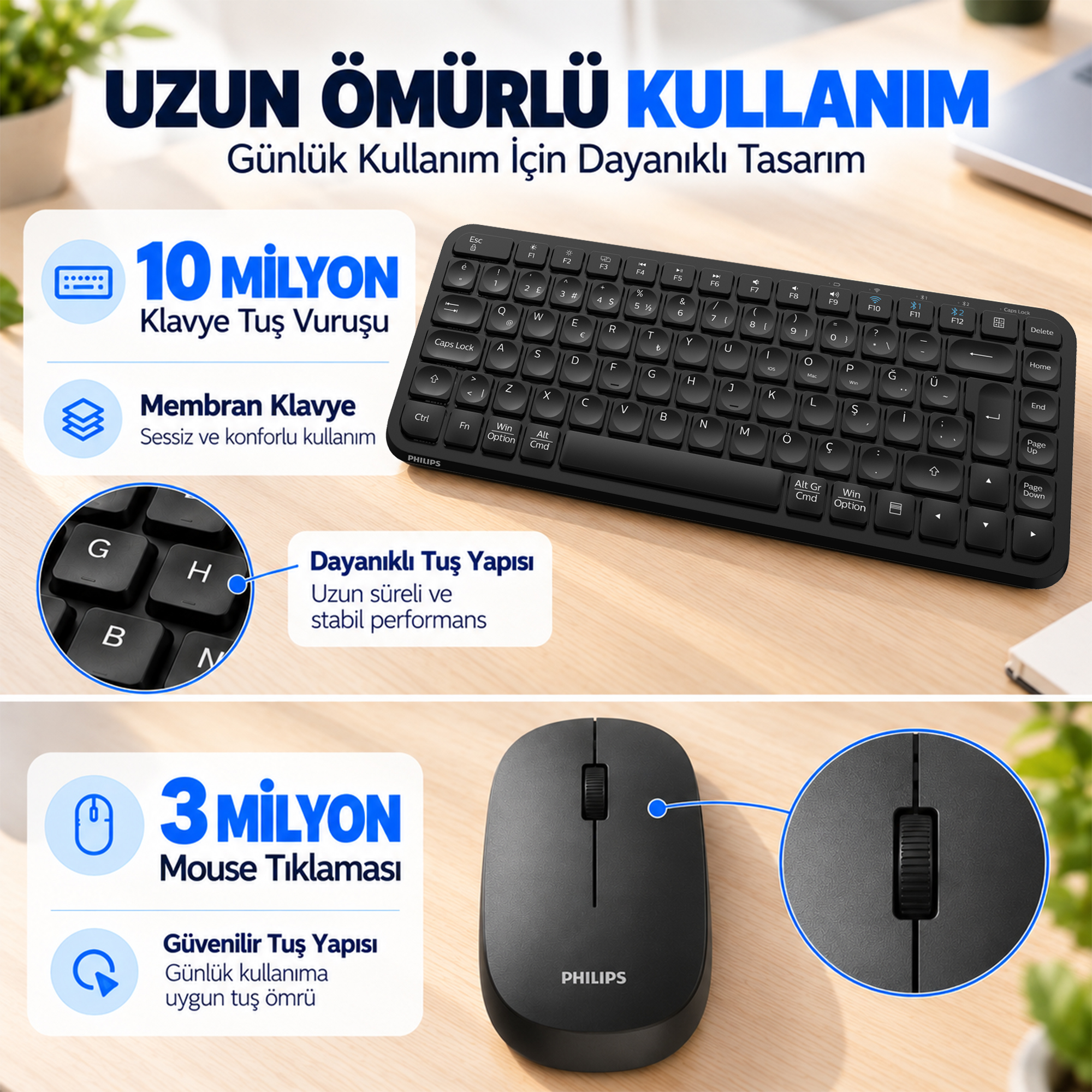 Philips SPT6338BT Bluetooth ve 2.4GHz Kablosuz Türkçe Q Klavye Mouse Seti Siyah - Görsel 9